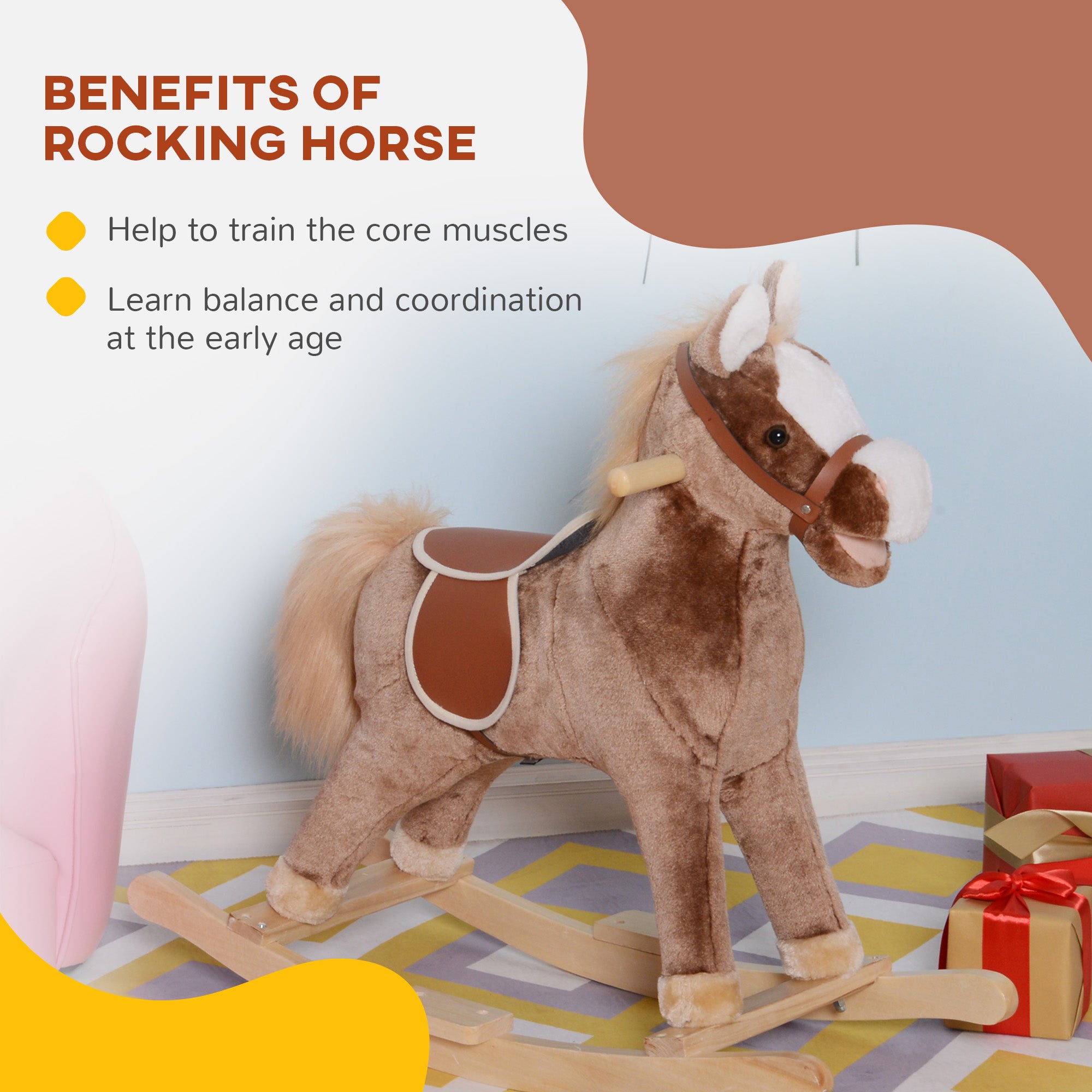 Kids Rocking Horse Plush Toddler Rocker Wooden Base Ride On Toy