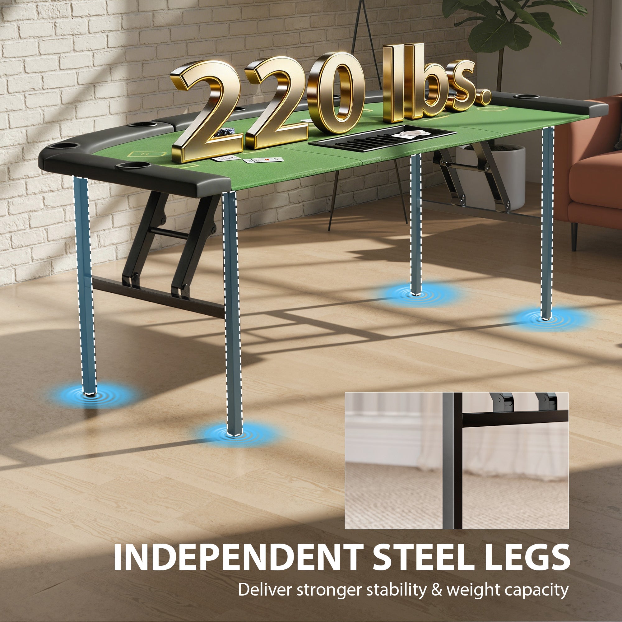Poker Table Foldable, 72" Portable Casino Blackjack Table for 8 Players with Felt Surface, Cup Holders, Green