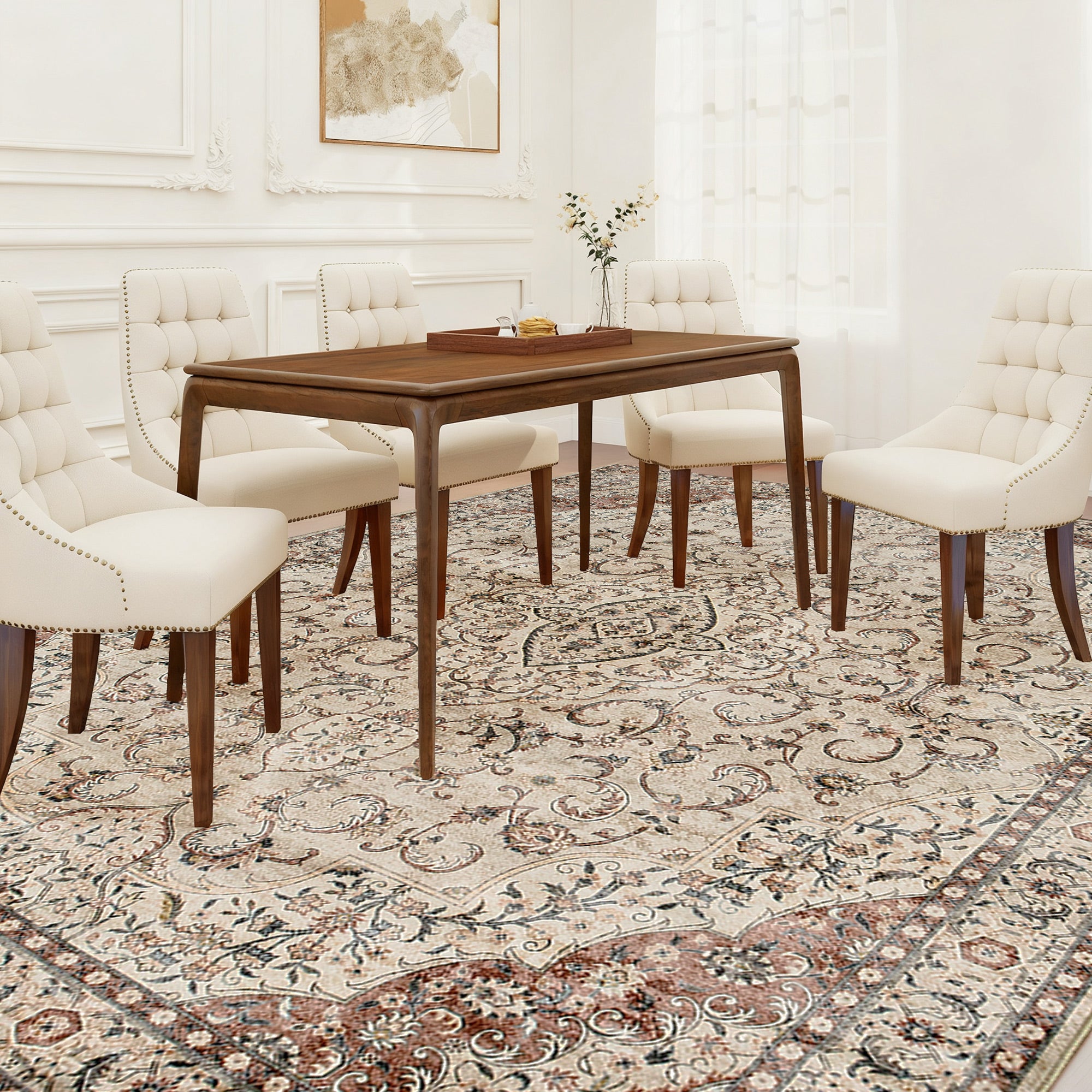 Area Rug 5x7, Machine Washable Rug, Non-Slip Classical Floral Print Floor Carpet for Living Room, Bedroom, Mixed-Brown