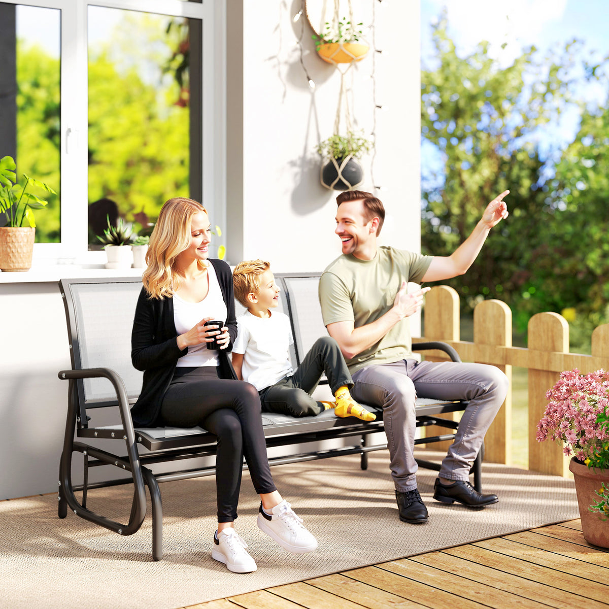 3-Person Outdoor Patio Glider Bench, Porch Glider Swing with 3 Seats, Breathable Mesh Fabric, Metal Frame, Cream White