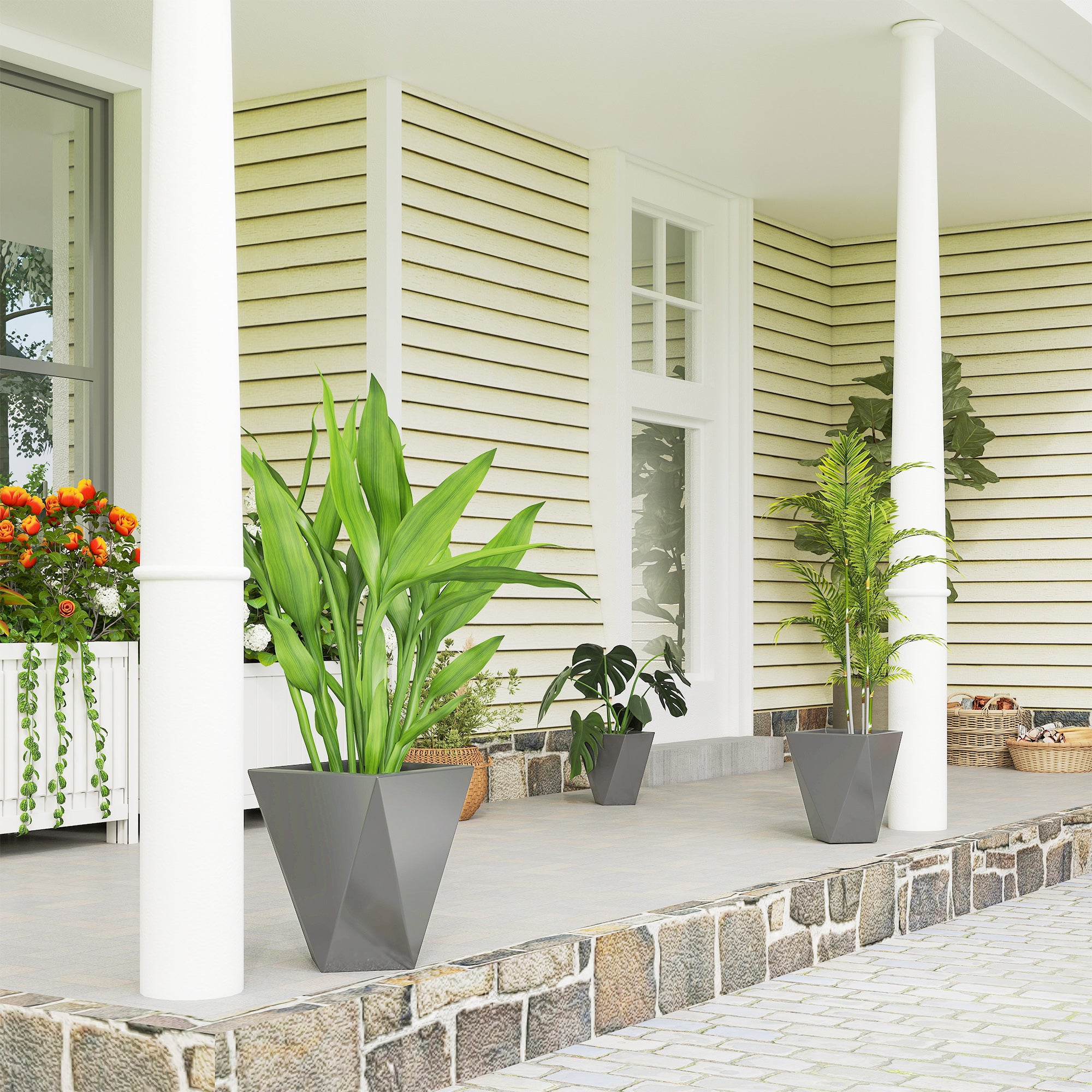 Indoor Outdoor Planters Set of 3 MgO Tall Planters Stackable Flower Pots with Drainage Holes for Garden, Balcony, Gray - Gray - Image 2