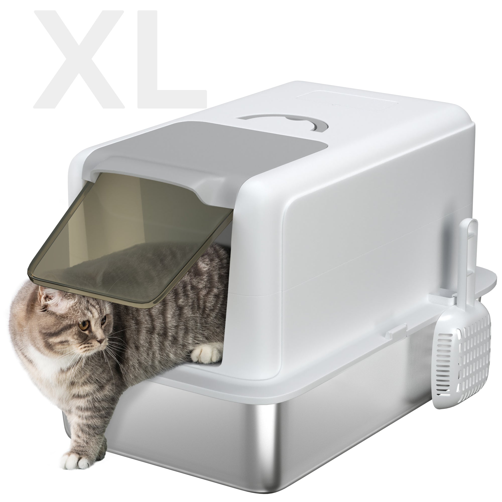 2 in 1 Stainless Steel Cat Litter Box with Removable Lid, Scoop, Filter Bags, for Small to Large Cats, White - White
