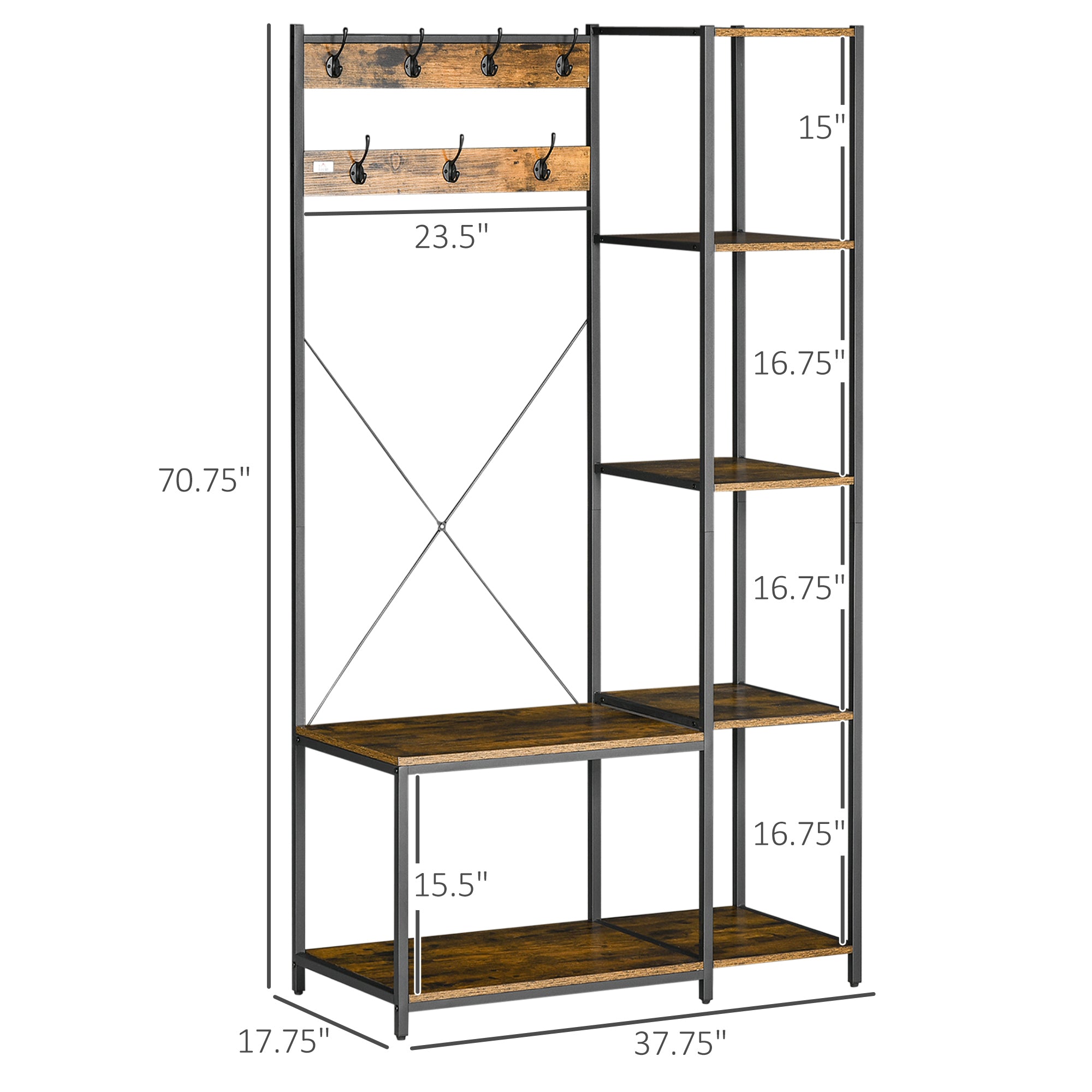 Industrial Hall Tree with Side Storage Shelves, Entryway Bench with Coat Rack, Freestanding Coat Tree with Shoe Storage and Hooks, Rustic Brown