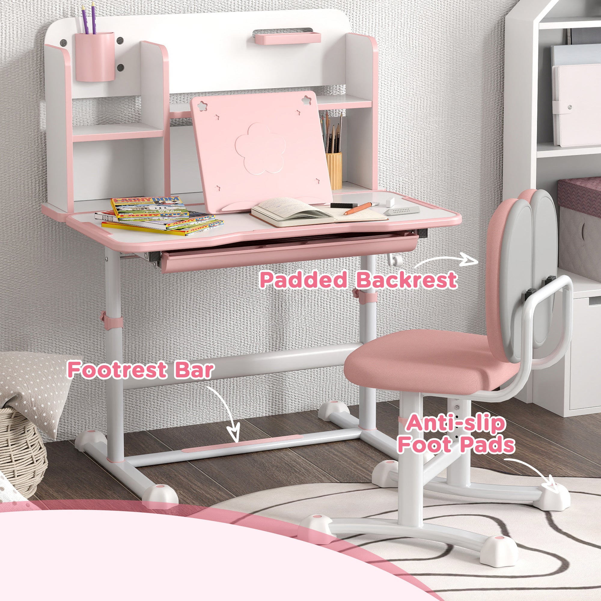 Height Adjustable Kids Desk and Chair Set for Writing Drawing w/ Tilt Desktop, Storage Drawer and Reading Rack, Pink