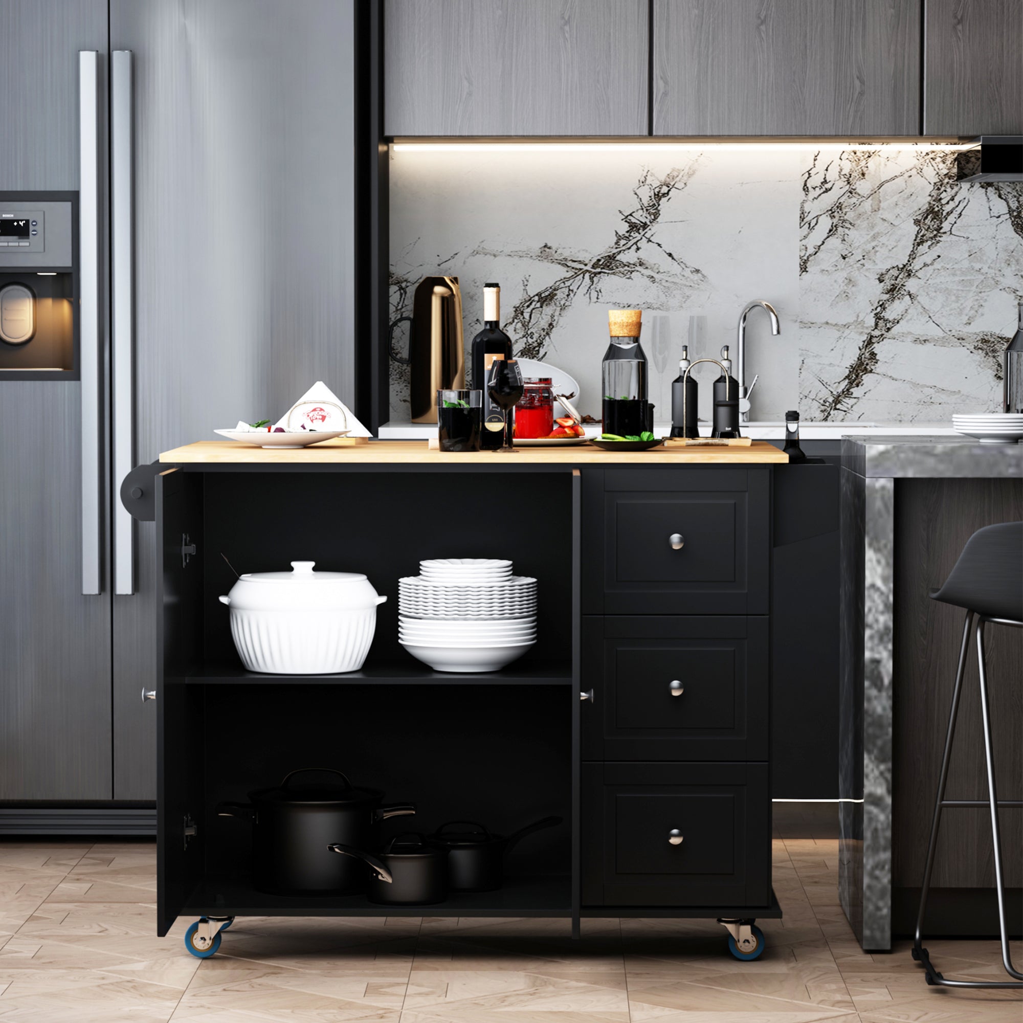 Storage Trolley Cart on Wheels, Mobile Kitchen Island with Drop Leaf, Towel/Spice Rack, 3 Drawers, 2-Door Cabinet, Black