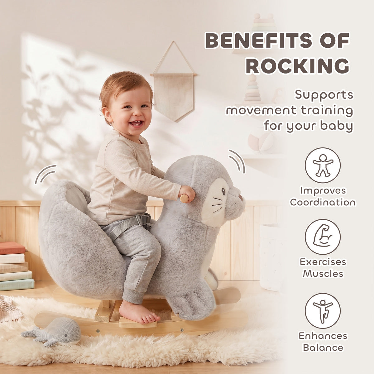 Seal Baby Rocking Horse, Kids Plush Ride-On Toy with Realistic Sounds and Safety Belt for Babies Ages 12-36 Months