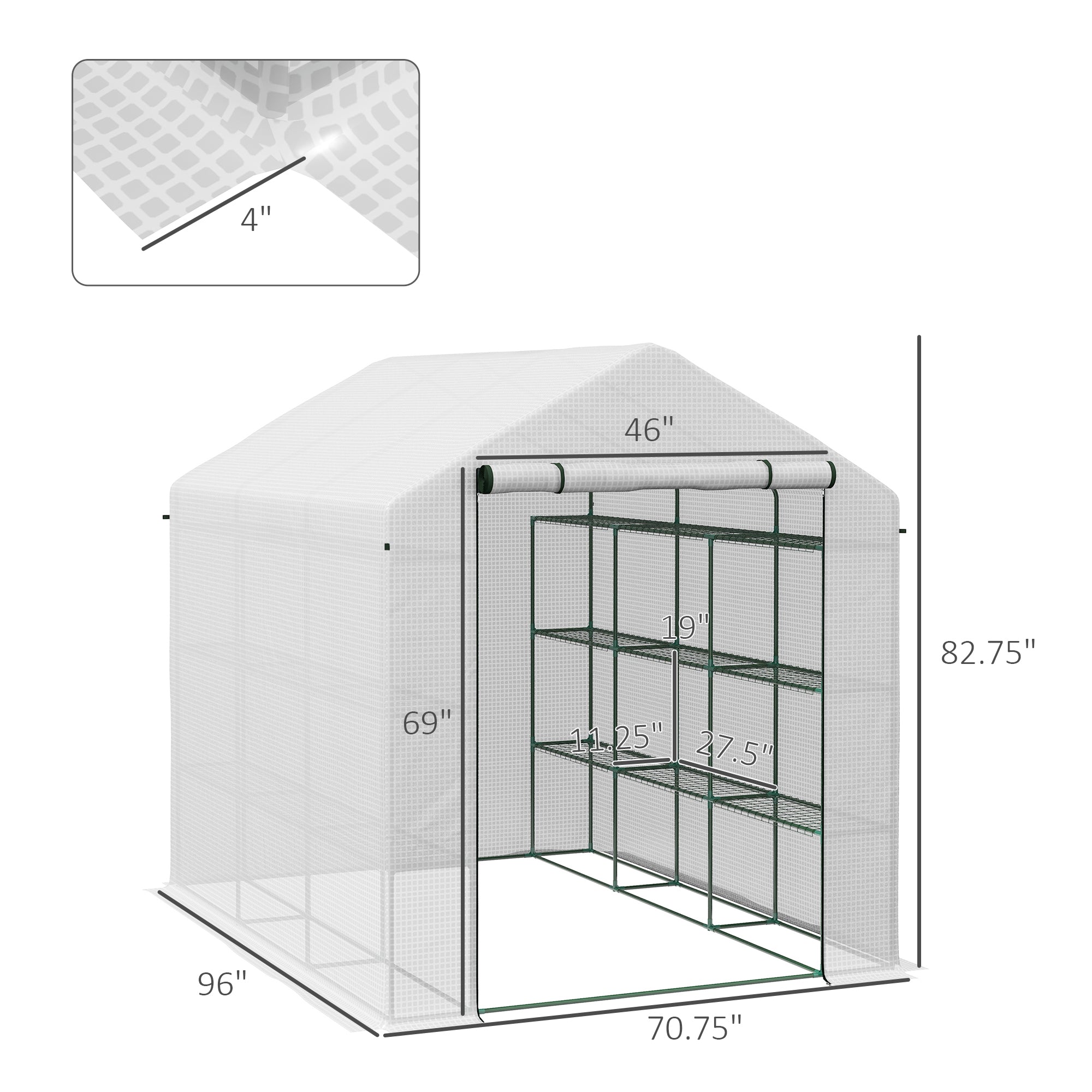 Outdoor Walk-in Greenhouse with Roll-up Zipper Door, 18 Shelves, PE Cover, 95.25" x 70.75" x 82.75", White - White - Image 3