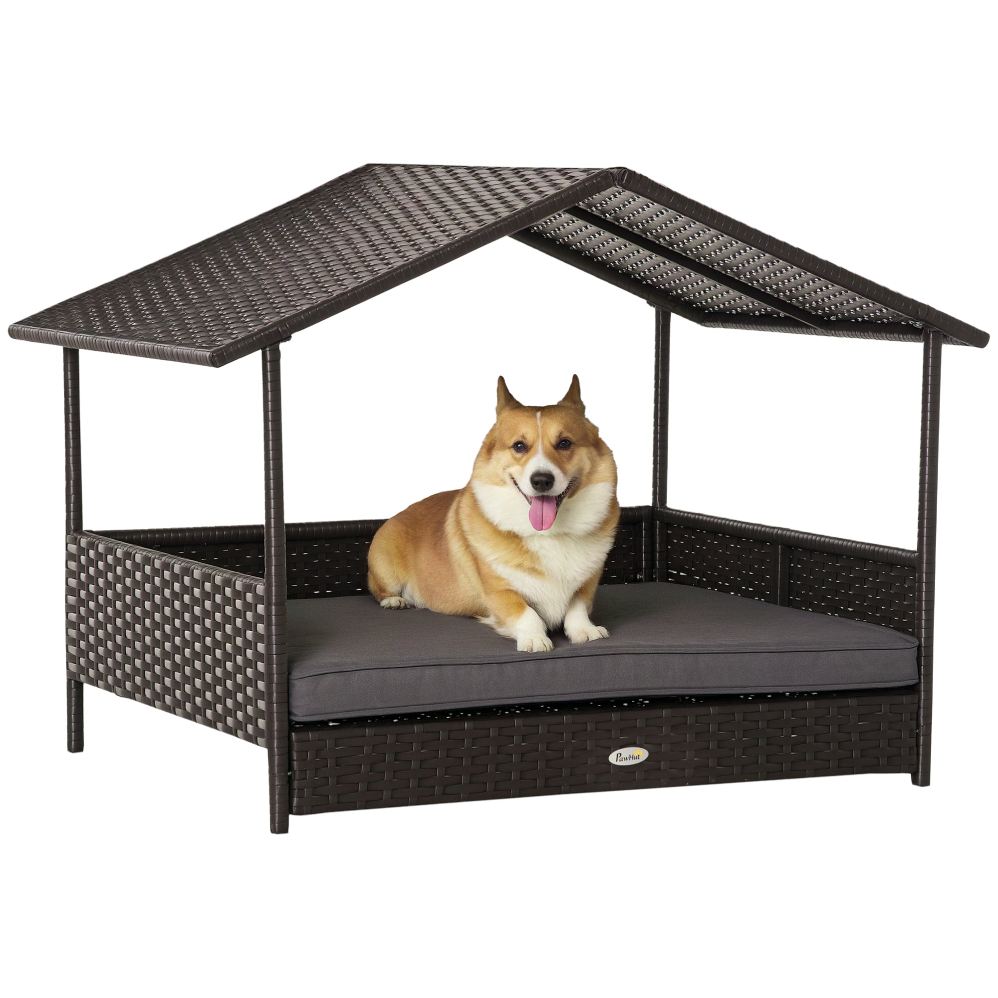 Wicker Dog House Outdoor with Canopy, Rattan Dog Bed with Water-resistant Cushion, Raised Pet Bed for Small, Medium Breeds up to 66 lbs, 20" in Length, Brown Wicker, Gray Cushion - Grey