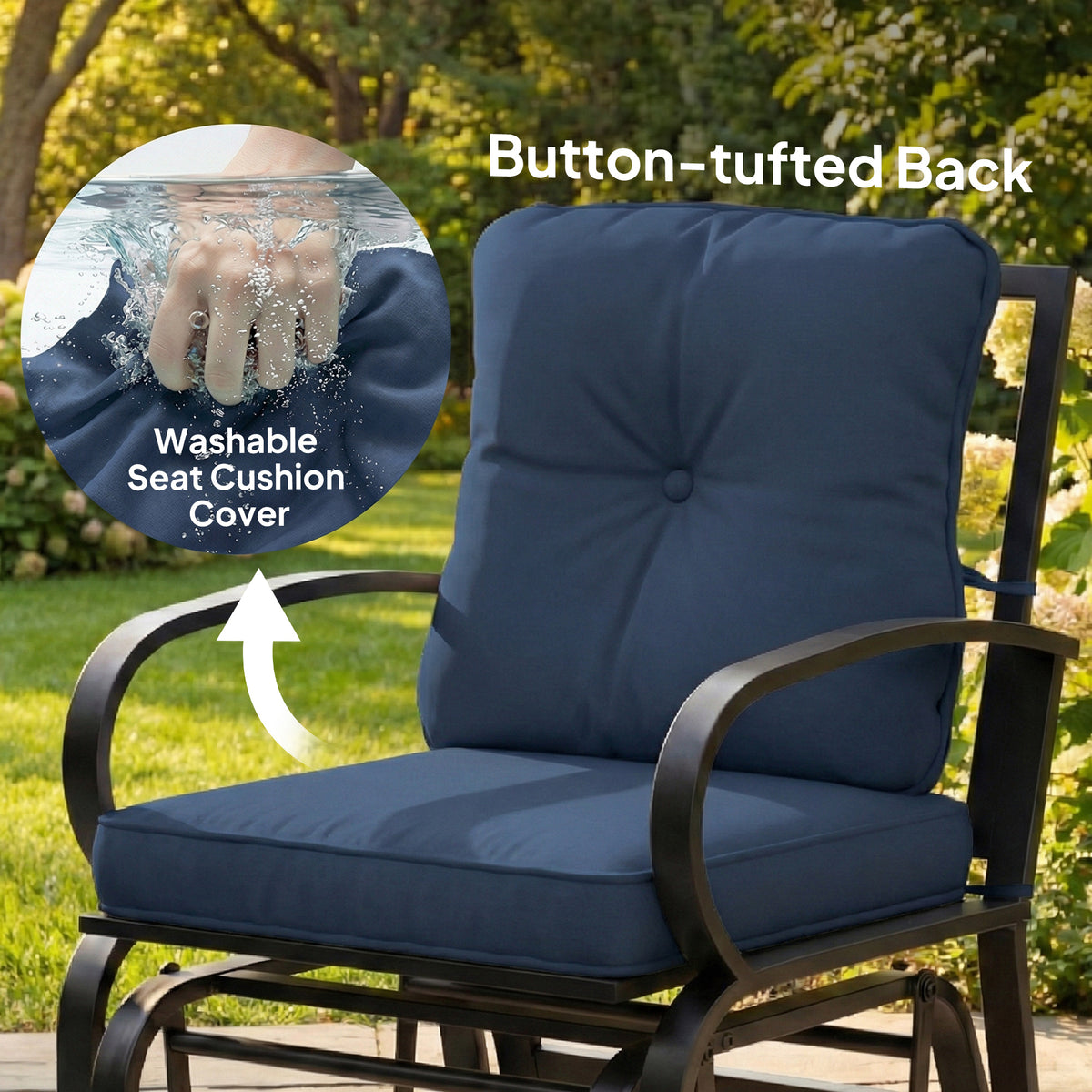 Patio Glider, Outdoor Glider Chair with Cushions, Steel Frame, Curved Armrests, Dark Blue