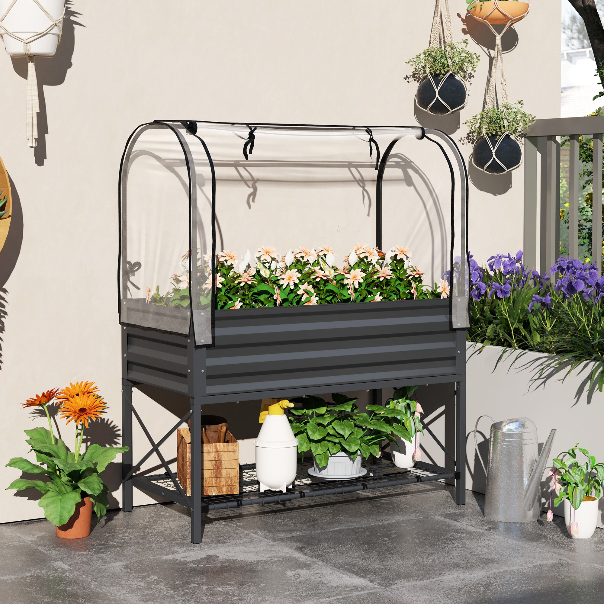 Raised Garden Bed with Legs and Cover, Metal Elevated Planter Box with Bottom Shelf and Liner for Vegetables, Dark Gray - Dark Gray - Image 2