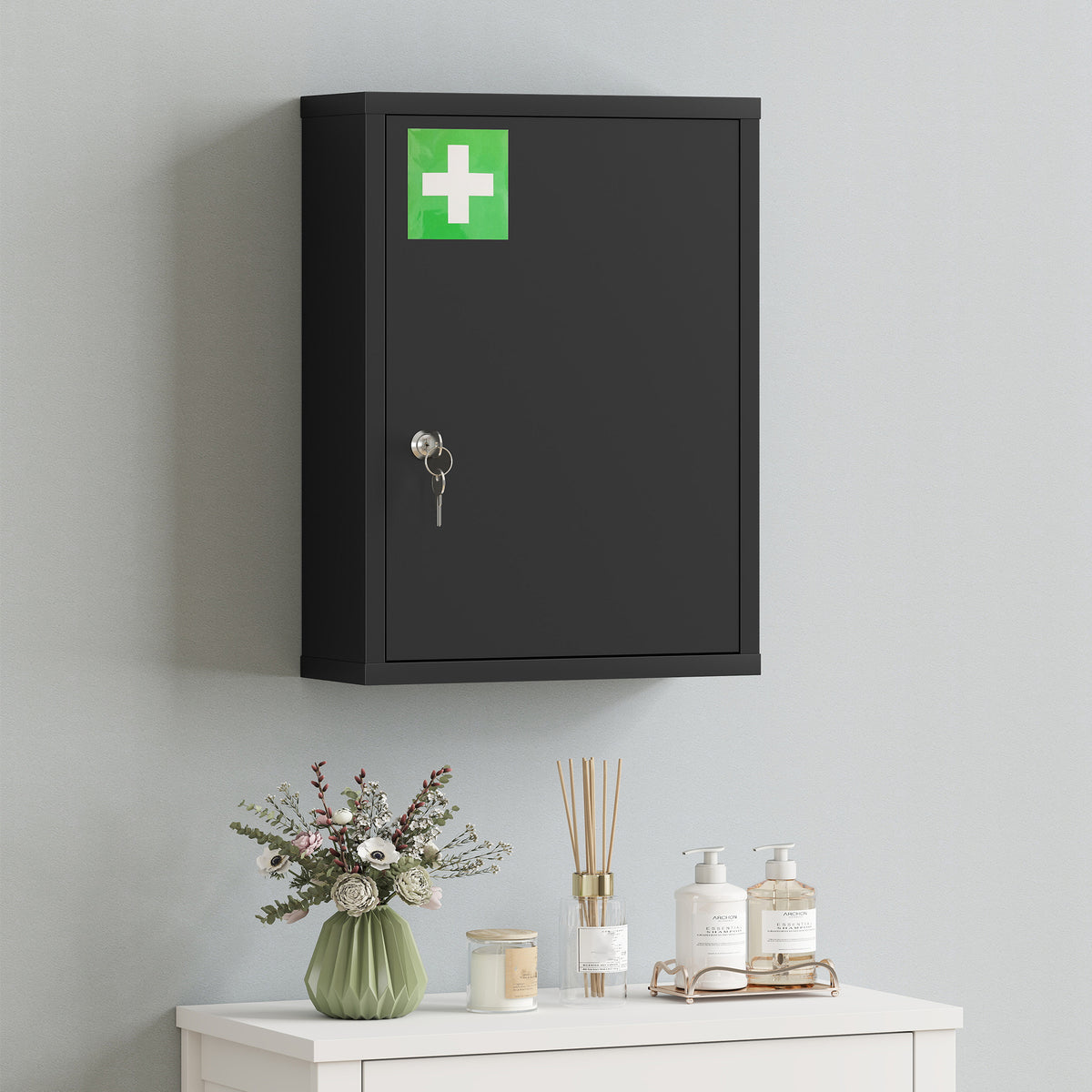 16" x 21" Lockable Medicine Cabinet, 3 Tier Steel Medical Wall Box with 2 Keys and Shelves for Bathroom, Black