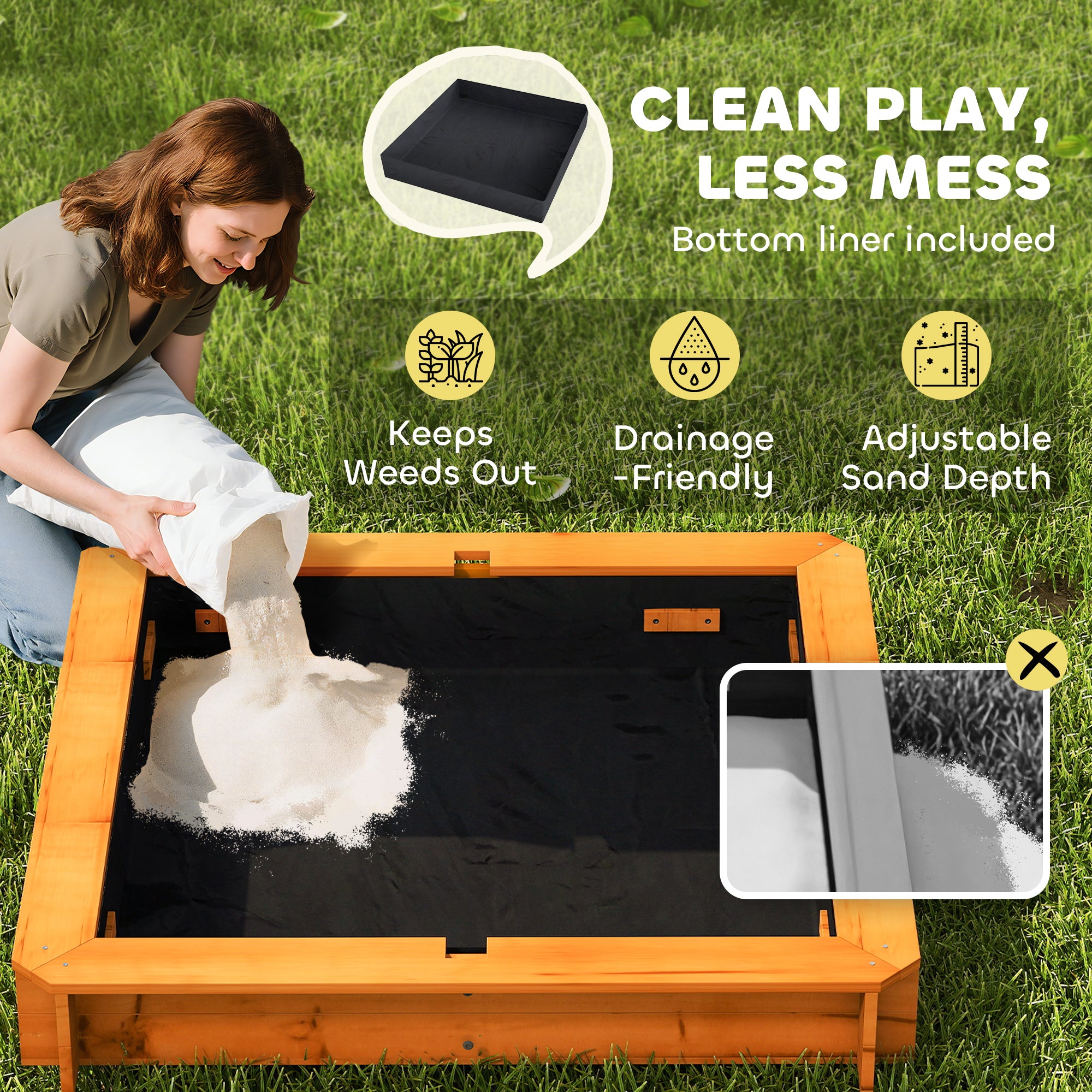 Wooden Kids Sandbox with Cover, Children Outdoor Sand Box with Foldable Bench Seats and Adjustable Canopy, Brown