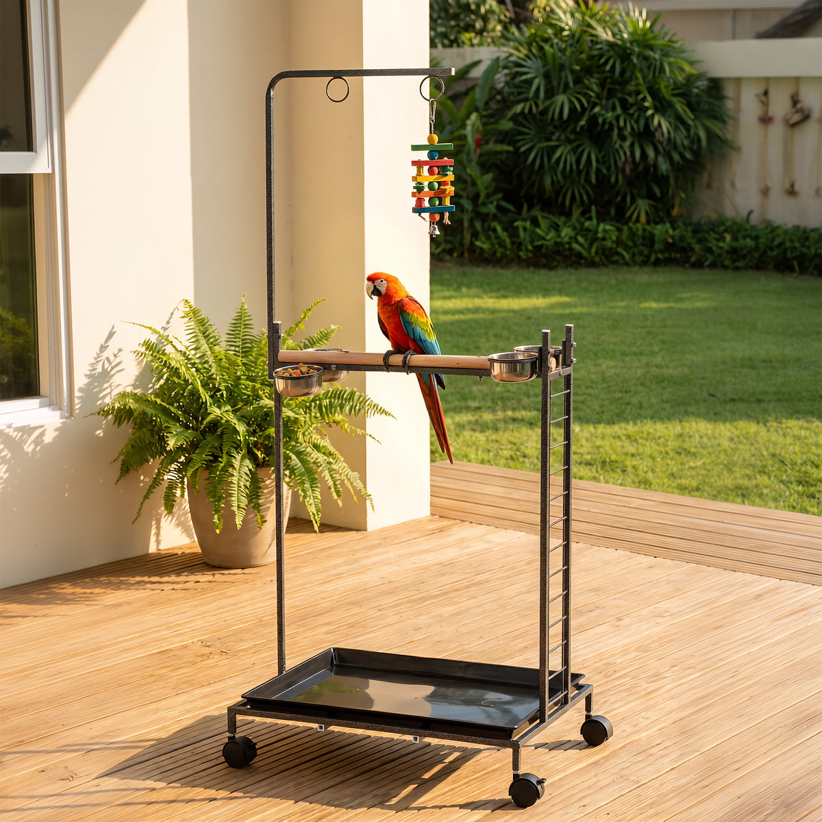 Bird Stand with Wheels Parrot Stand with Slide-out Tray Stainless Steel Bowls for Indoor Outdoor Dark Gray