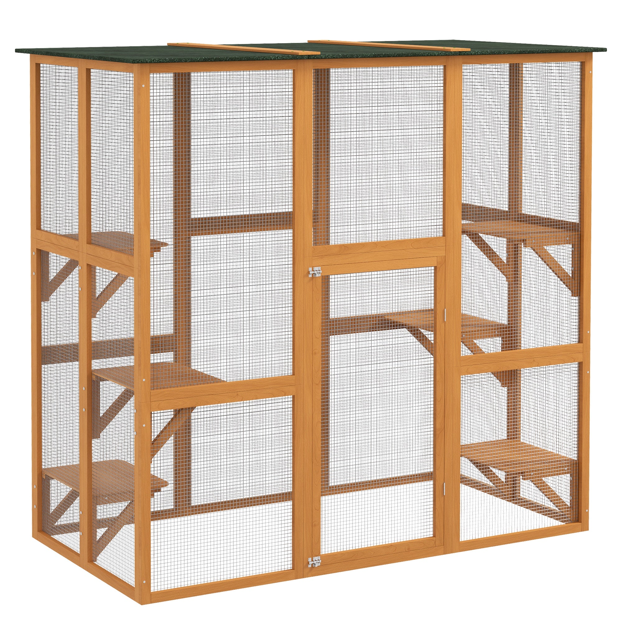 Outdoor Cat House Big Catio Wooden Feral Cat Shelter Enclosure with Large Spacious Interior, 6 High Ledges, Weather Protection Asphalt Roof, 71" L, Orange - Orange