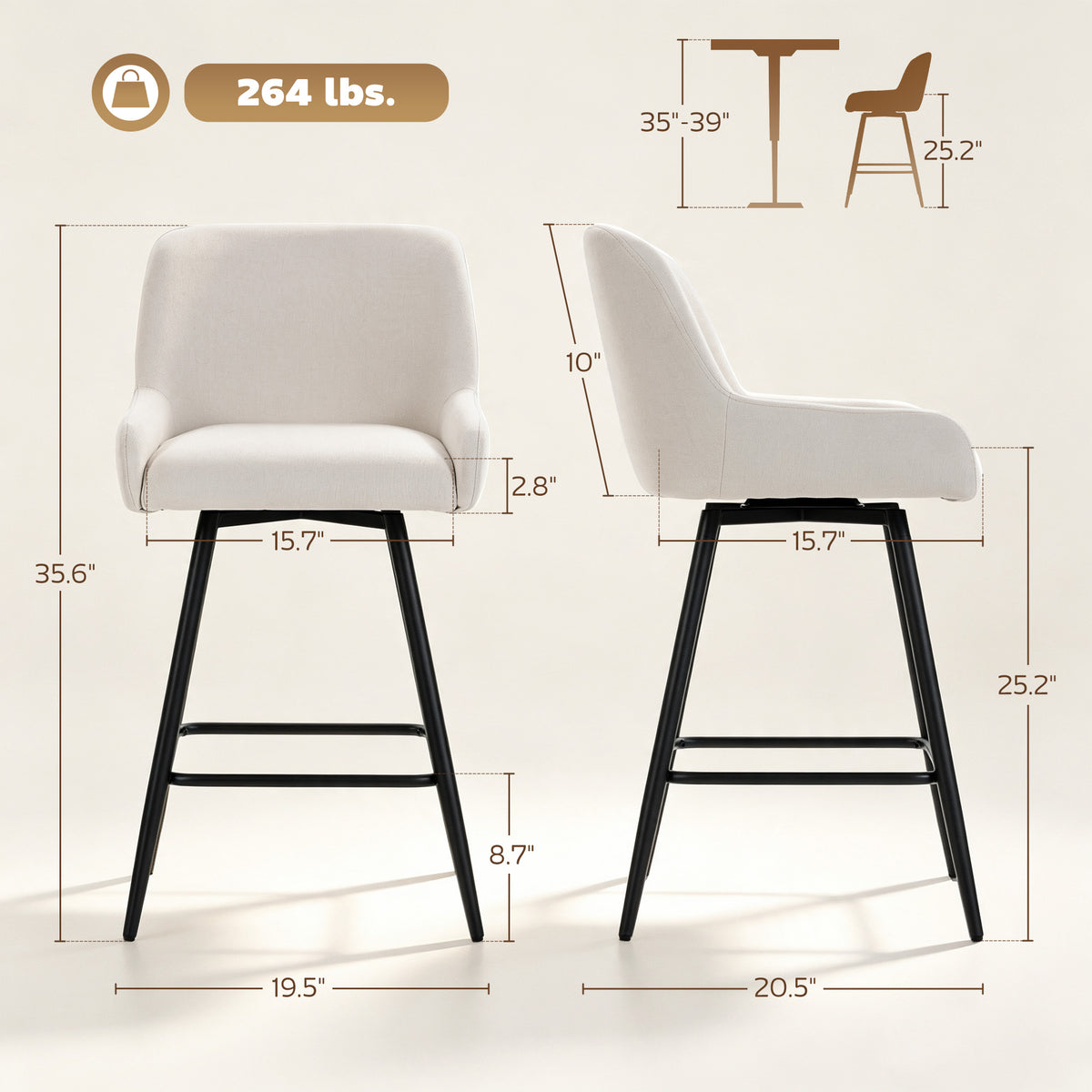Kitchen Island Chairs Counter Height Bar Stools with Swivel Linen Seat and Footrest, Cream White