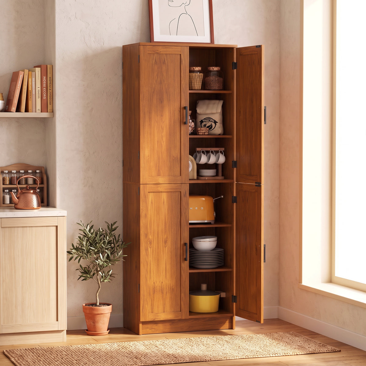 Freestanding Kitchen Pantry, 4-Door Kitchen Pantry Cabinet with Adjustable Shelves and Doors, Teak