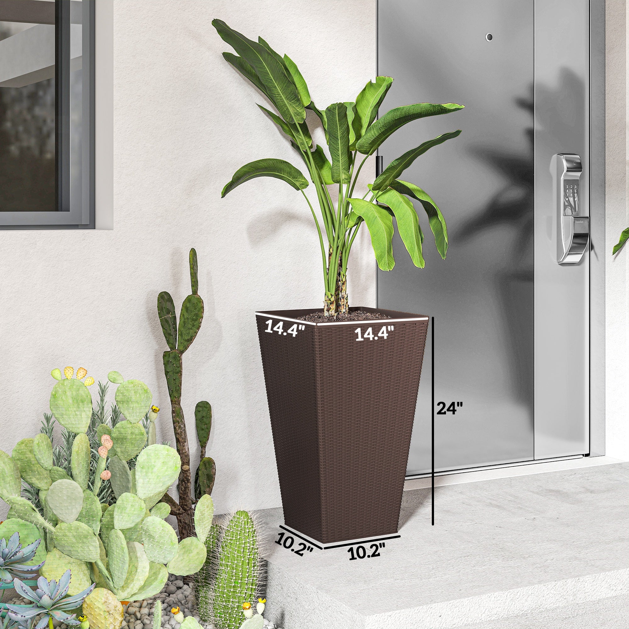 Set of 3 Tall Planters with Drainage Hole, 24" Outdoor Flower Plant Pots, Indoor Planters for Porch, Front Door, Entryway, Patio and Deck, Brown - Brown - Image 3