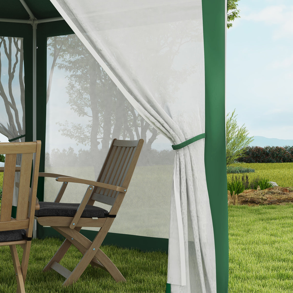 13' x 11' Outdoor Party Tent, Hexagon Sun Shade Shelter Canopy w/ Protective Mesh Sidewalls, Ropes & Stakes, Green