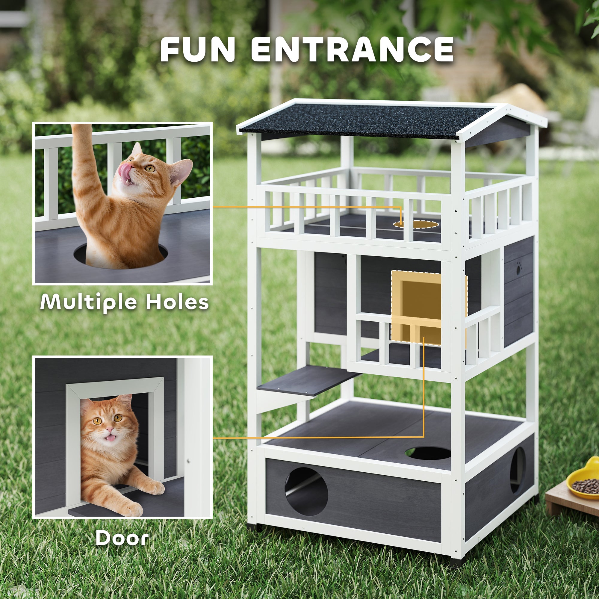 Wooden Outdoor Cat House, Feral Cat Shelter Kitten Condo with Asphalt Roof, Escape Doors, Condo, Jumping Platform, Gray - Grey - Image 5