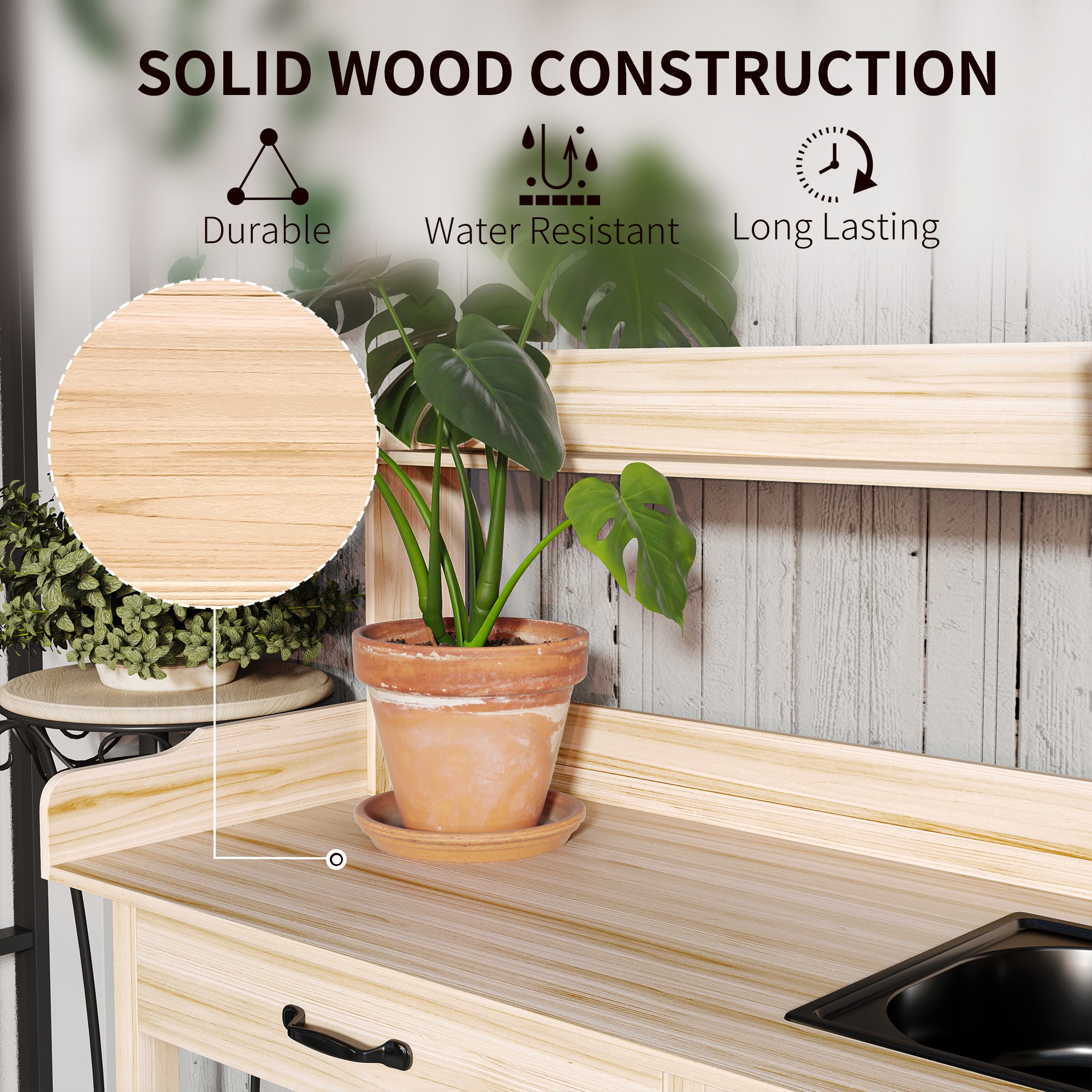 Potting Bench Table with Sink, Outdoor Work Bench Table with Storage Cabinet, Hooks, Removable Sink, Faucet and Drawer for Greenhouse, Garden, Patio, Natural Wood - Natural Wood - Image 6