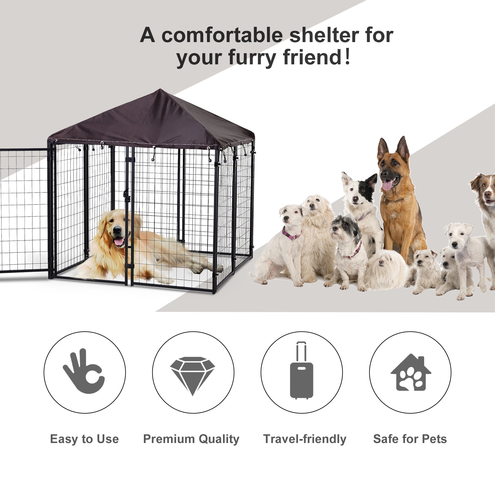 4.6' x 4.6' x 5' Outdoor Dog Kennel, Welded Wire Heavy Duty Dog Run, Dog Kennel Outside with Waterproof & UV Resistant Cover, for S&M Dogs, Black - Black - Image 5