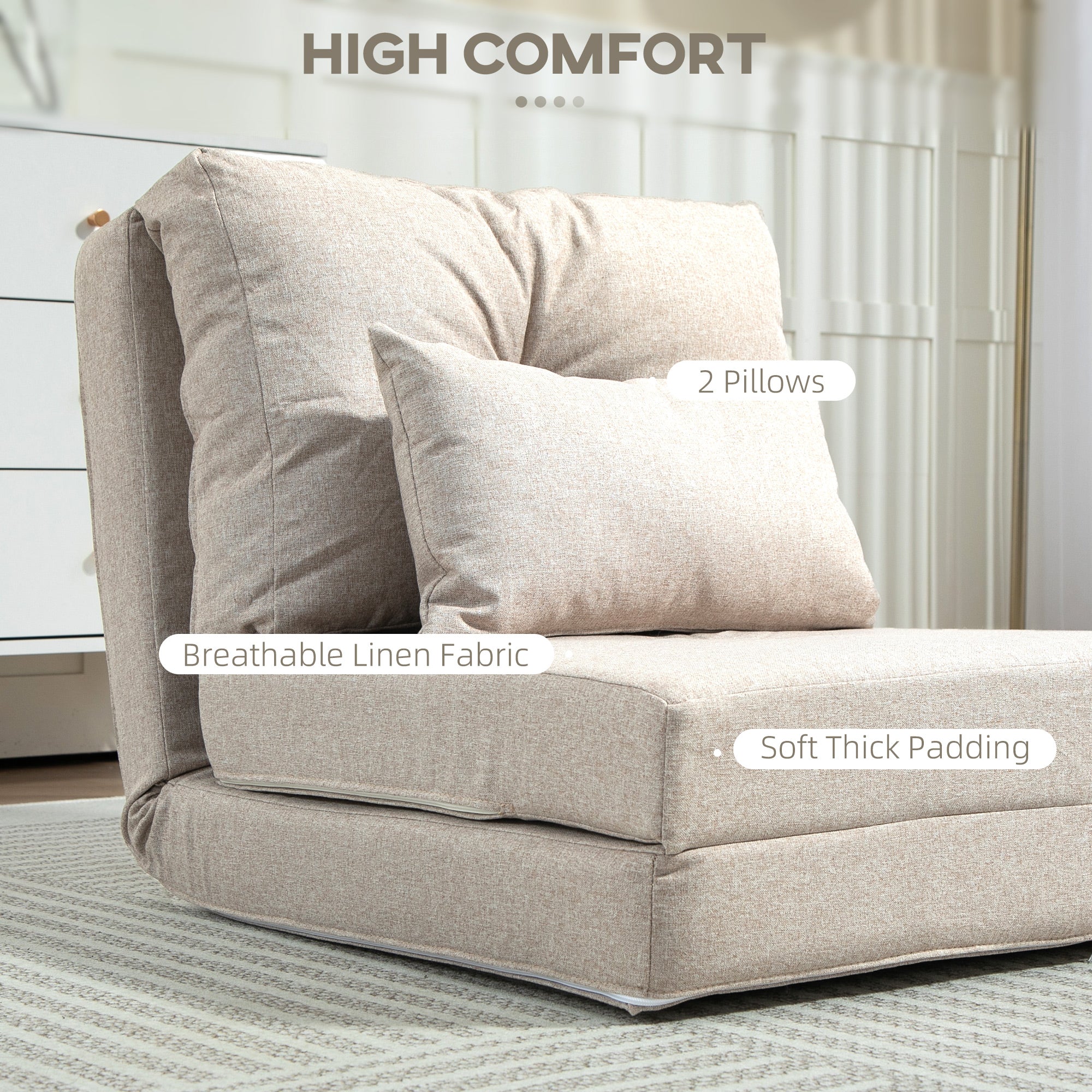 Floor Chair, Convertible Floor Sofa Bed, Folding Upholstered Couch Bed with Adjustable Backrest, Beige