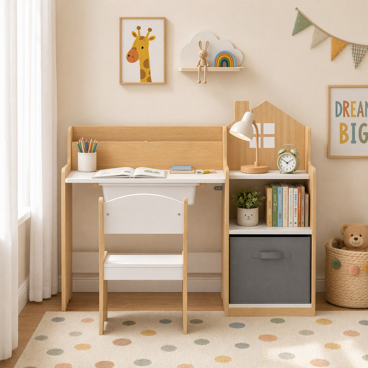Kids Desk and Chair Set with 2 Desktop Cubbies, Fabric Bin, Plastic Drawer, Bookshelf, Anti-Tip Device for 3-8 Years