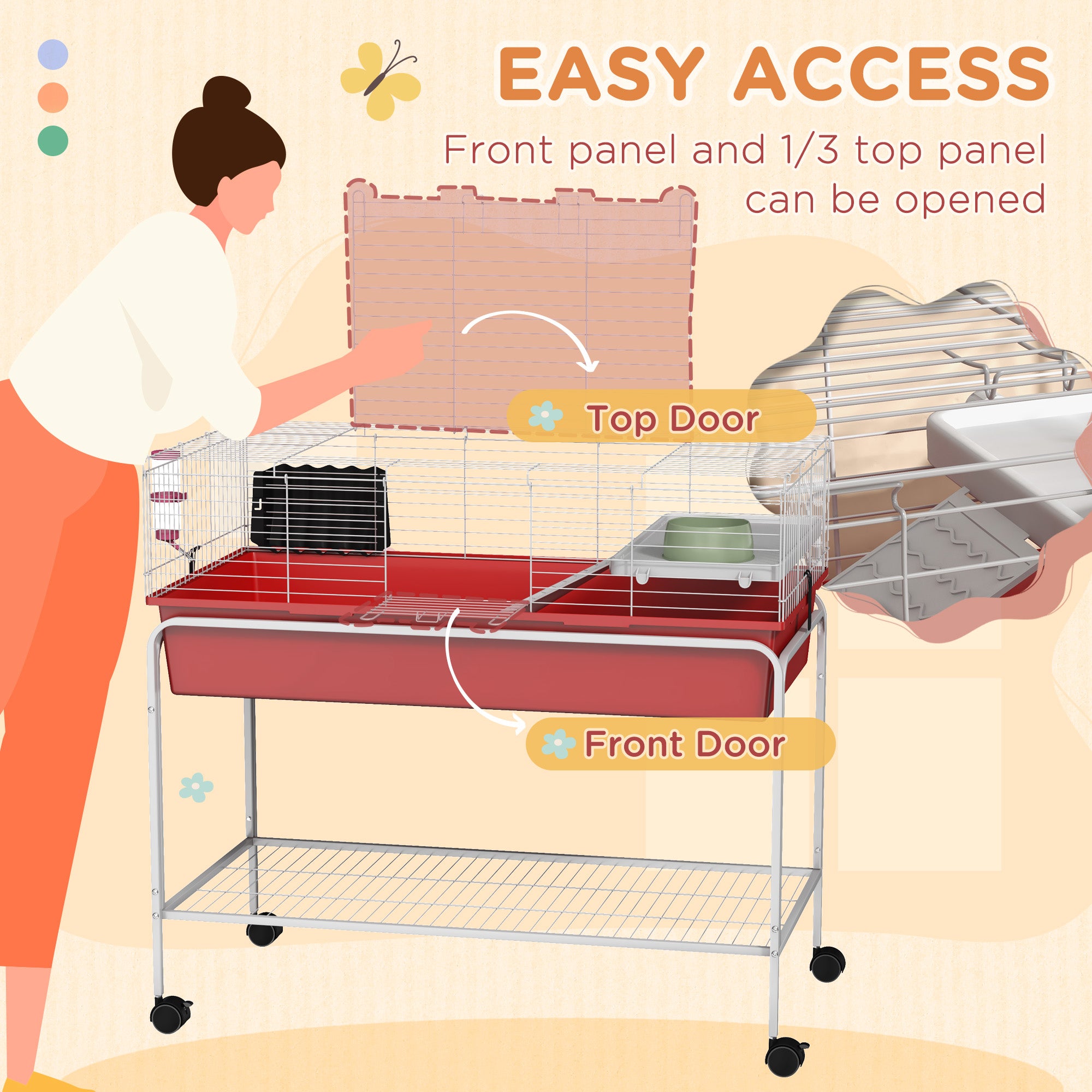 Two-Story Small Animal Cage Removable from Stand, Pet Habitat with Shelf & Wheels, 39" x 20.5" x 36.5", Red - Red - Image 6