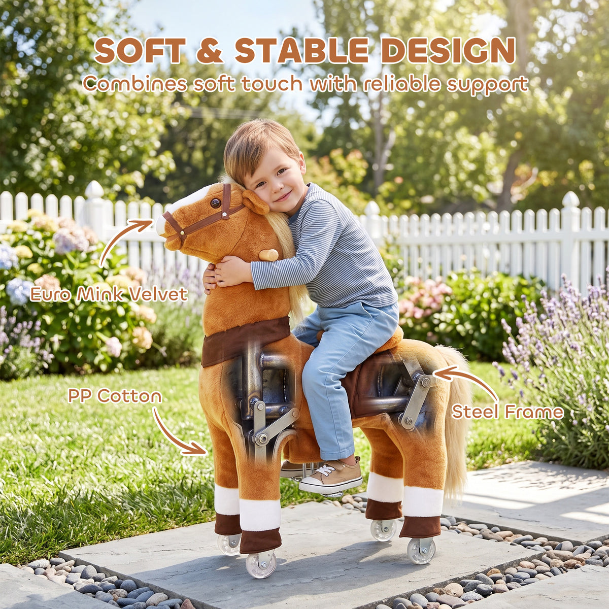 Ride on Horse for Kids 4-12 Years, 37.4 Inch Height Plush Riding Pony with Rolling Wheels for Active Play, Brown