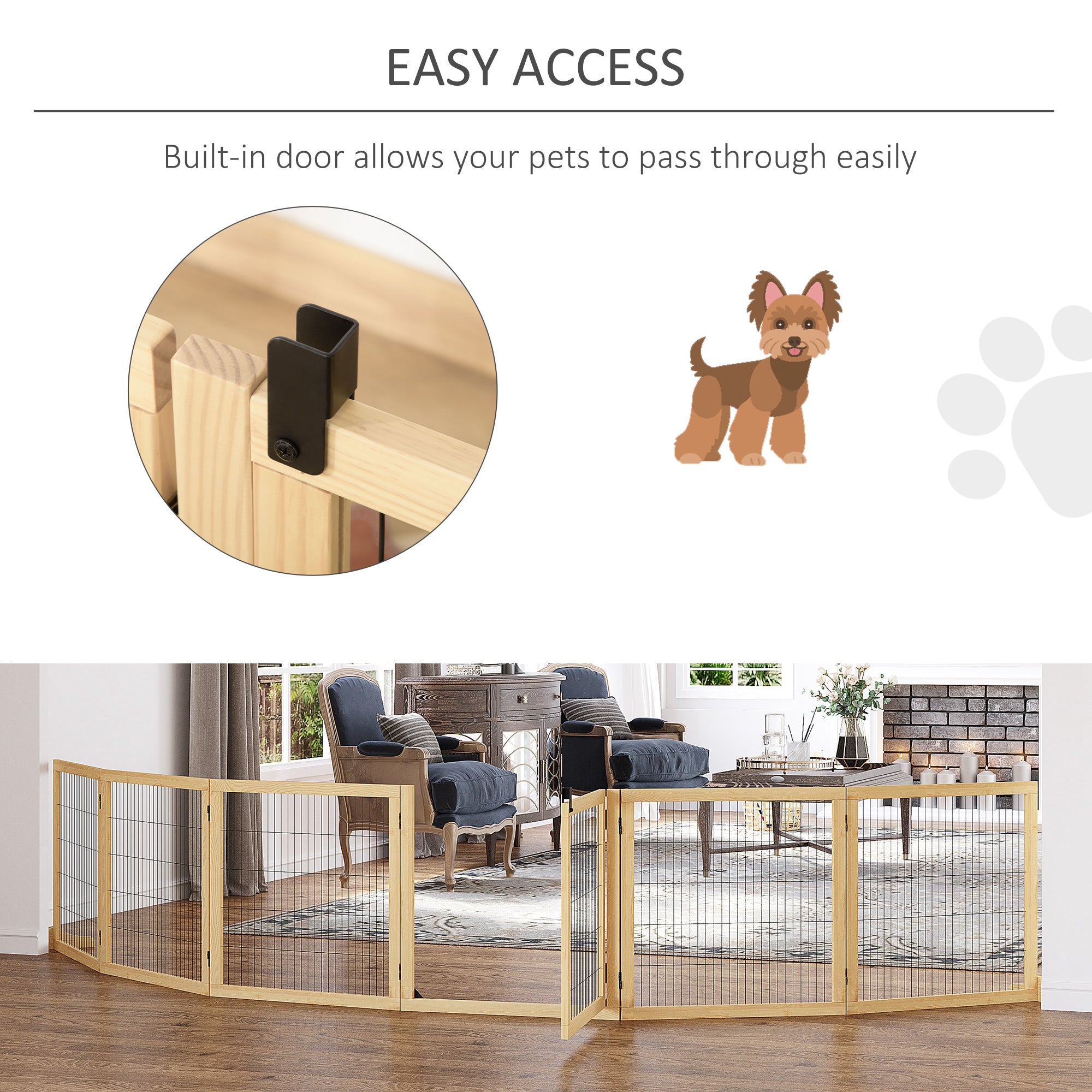 Wooden Pet Gate, 6-Panel Folding Dog Safety Barrier with Support Feet for Small & Medium Dogs, Natural Wood - Natural Wood - Image 8