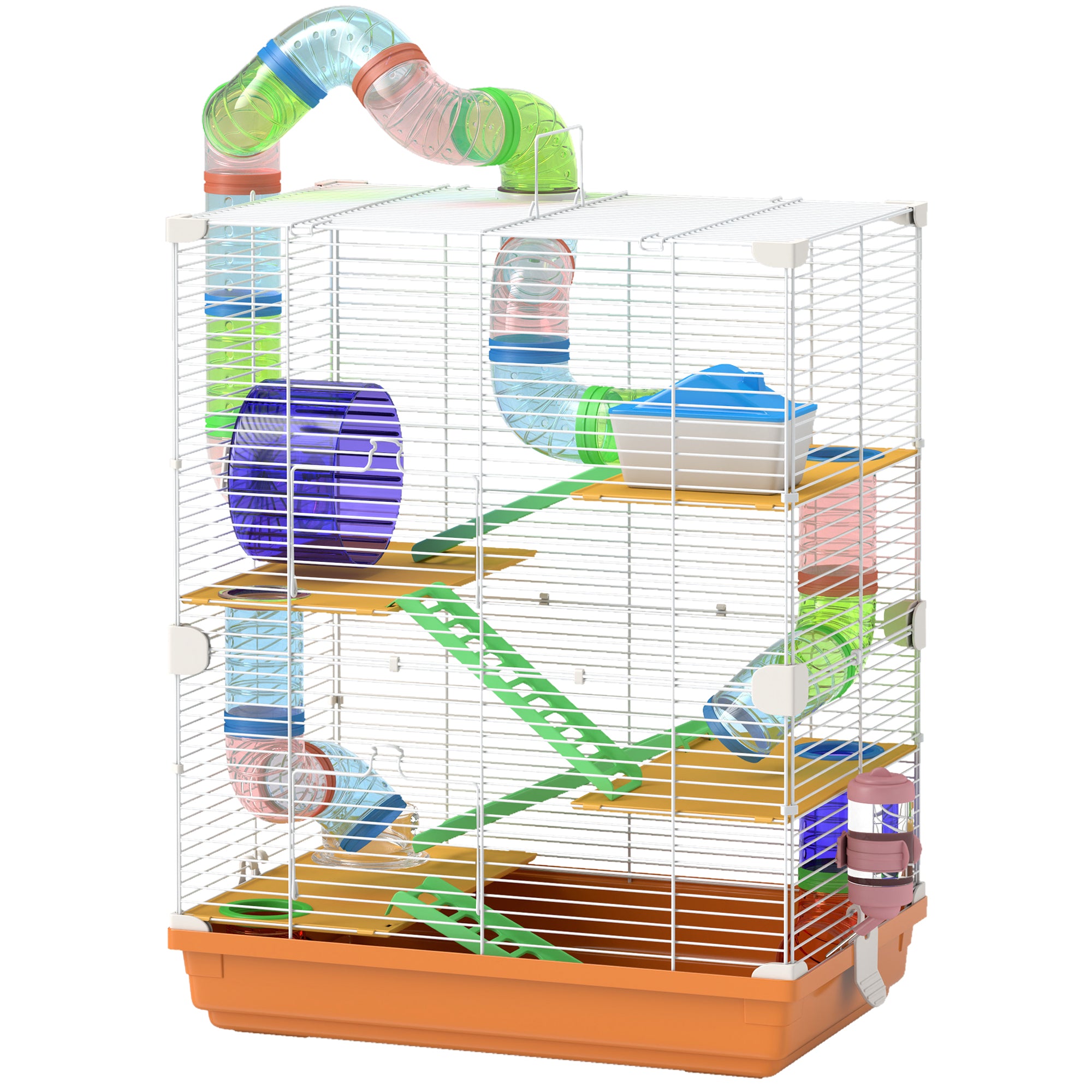 5 Tiers Hamster Cage Portable Animal Travel Carrier w/ Exercise Wheels Tube, Orange - Orange