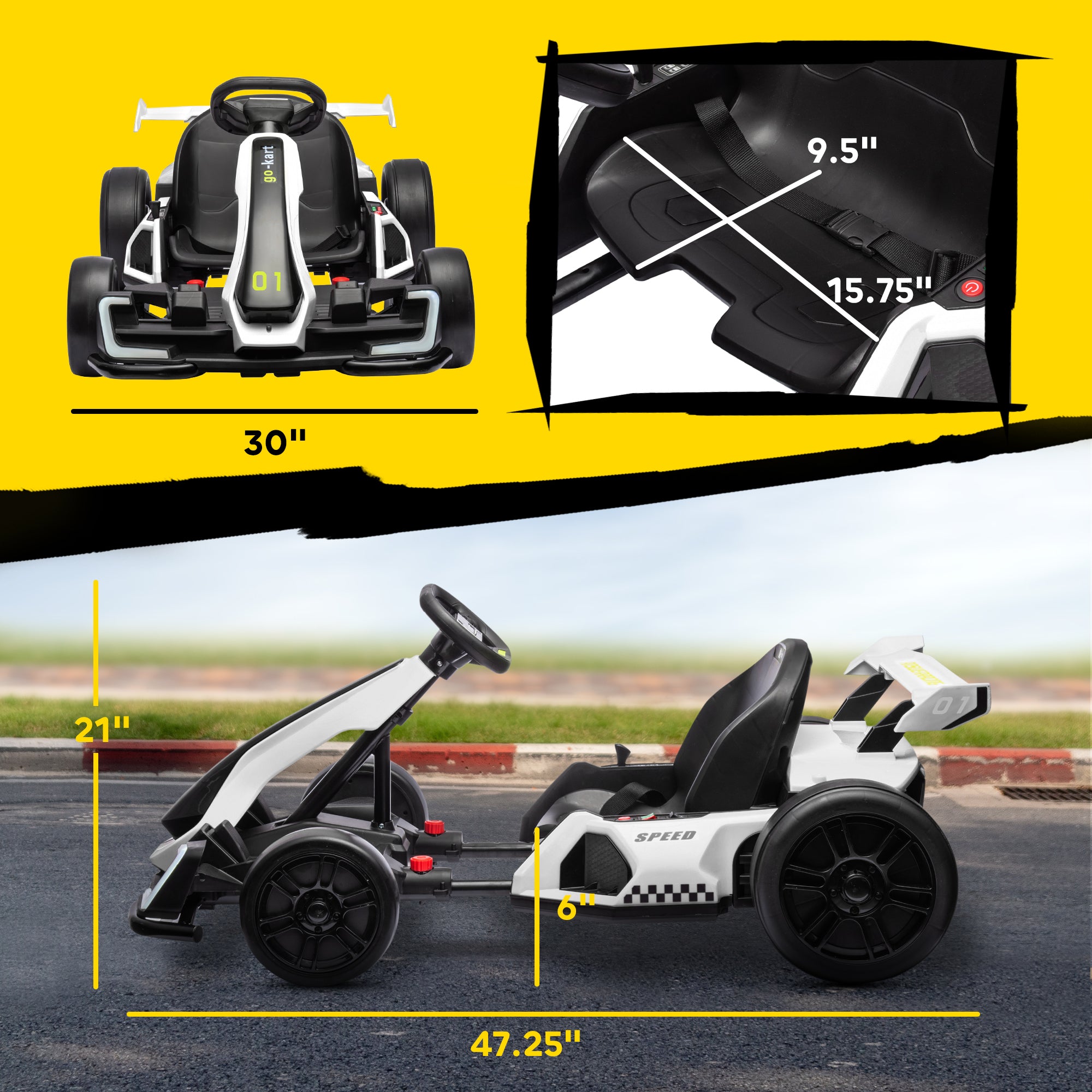 24V 7.5 MPH Electric Go Kart with Adjustable Seat, Slow Start, White