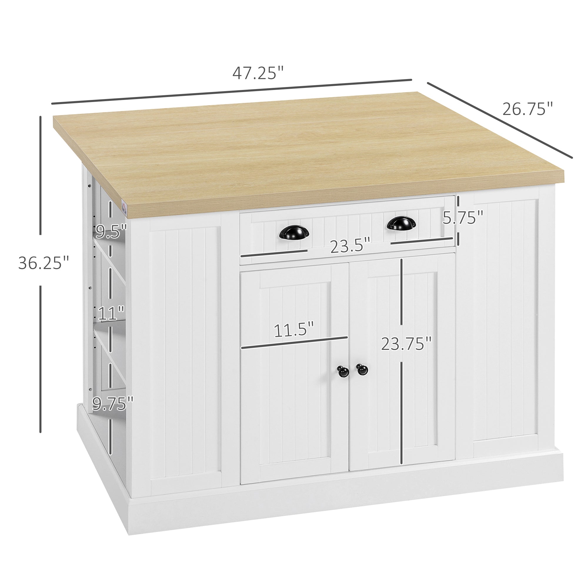 47" Fluted-Style Wooden Kitchen Island, Kitchen Countertop Storage Cabinet with Drawer, Open Shelves, Storage, White