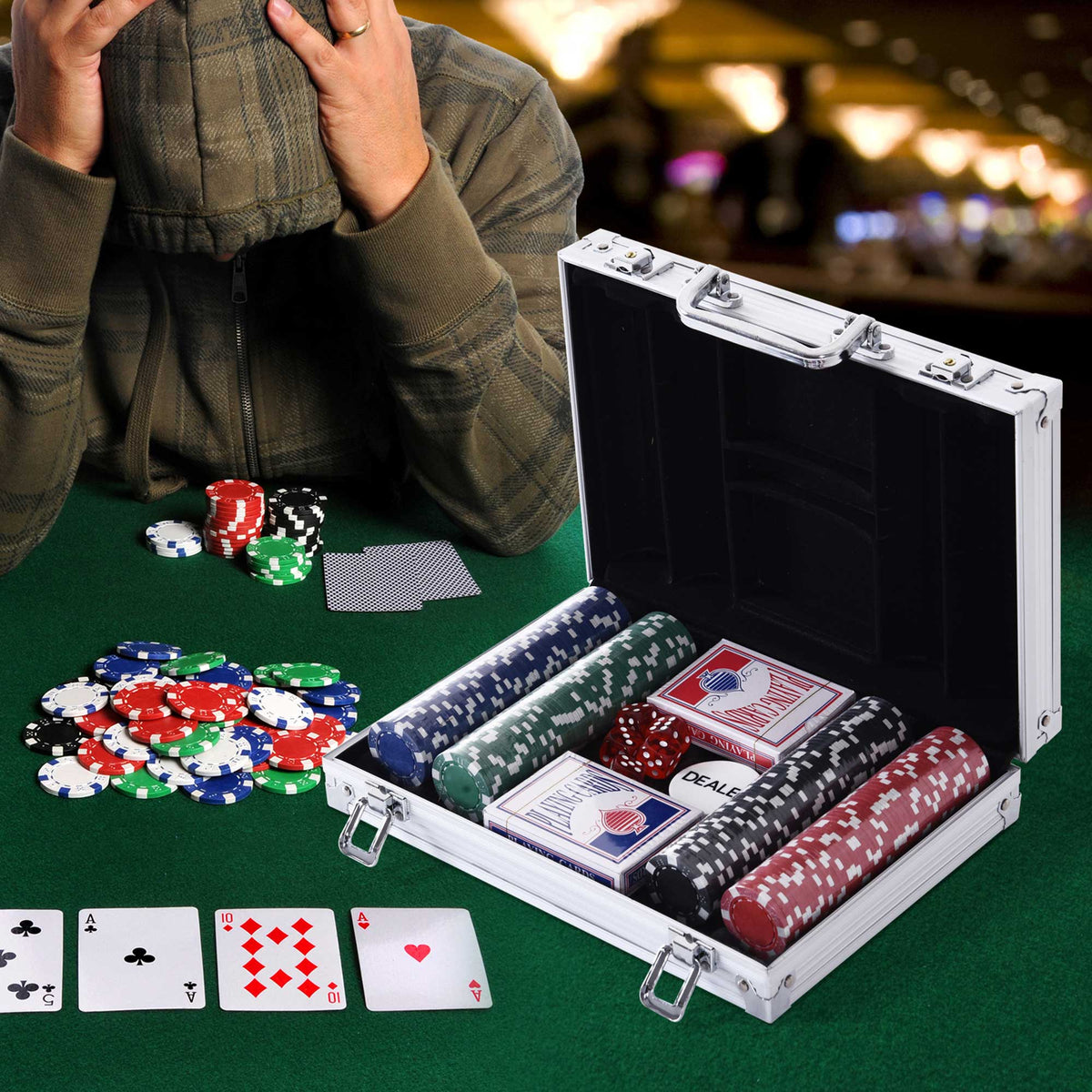 Poker Chip Set with Aluminum Case, 200 Striped Poker Chips, 2 Decks of Cards, 5 Dice, Dealer Button, Silver