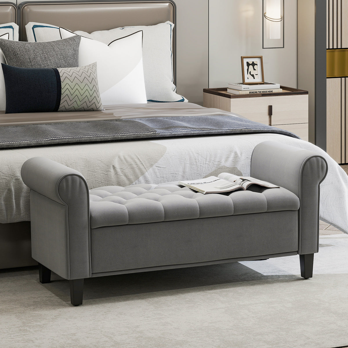 50 Inches Storage Ottoman, End of Bed Bench with Rolled Arms, Wood Legs, Button Tufted Storage Bench, Charcoal Gray