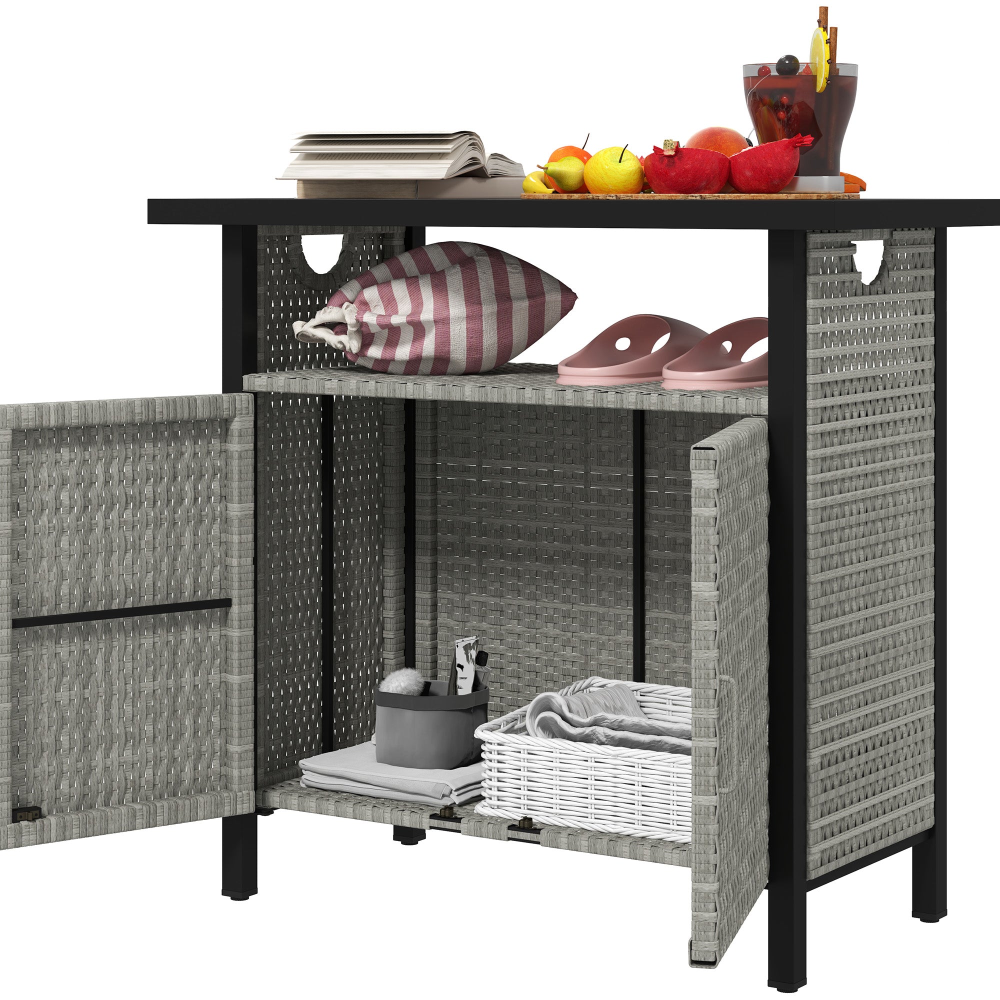 Outdoor Pool Towel Storage Cabinet Organizer, Outdoor Bar Table with Shelf and Cabinet, Pool Towel Holder Pool Valet with Weather-Resistant PE Rattan and Steel Frame, Gray - Gray