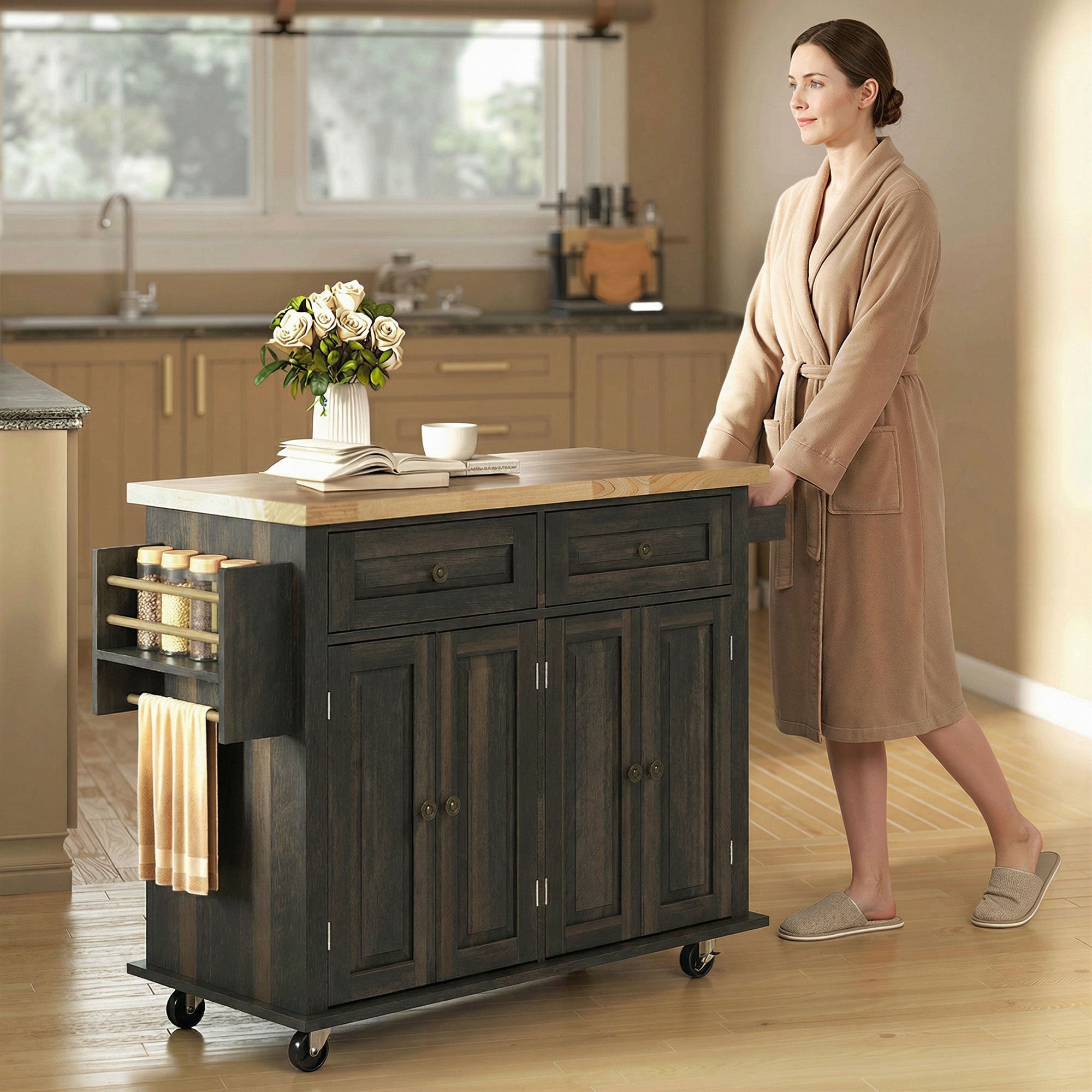 44" Mobile Kitchen Island Table, Kitchen Island Cart on Wheels with Storage Cabinets, 2 Drawers, Brown