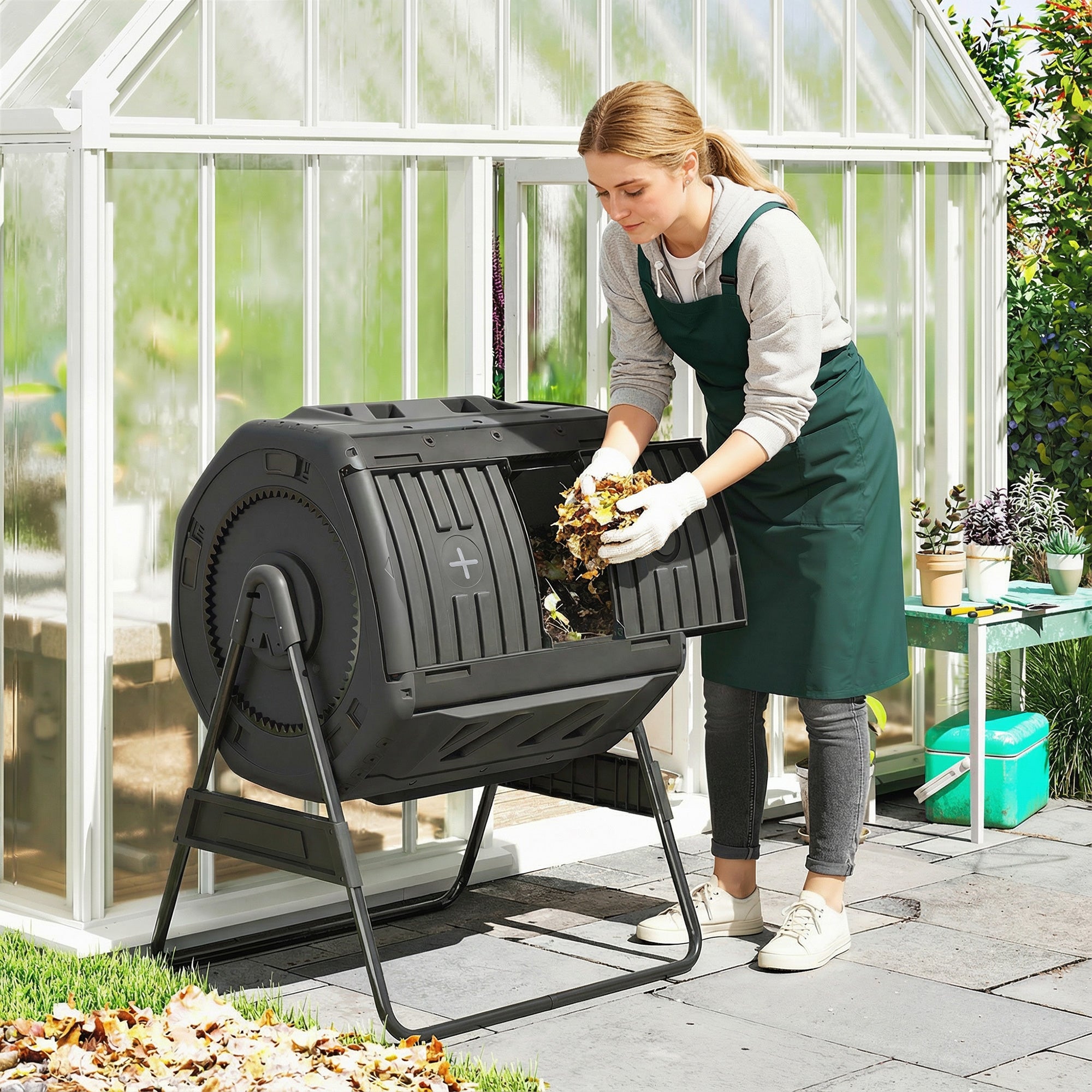 Compost Bin Outdoor, 53 Gal Dual Chamber Tumbling Composter with Adjustable Vents, BPA Free Tumbling Composter, Black - Black - Image 2