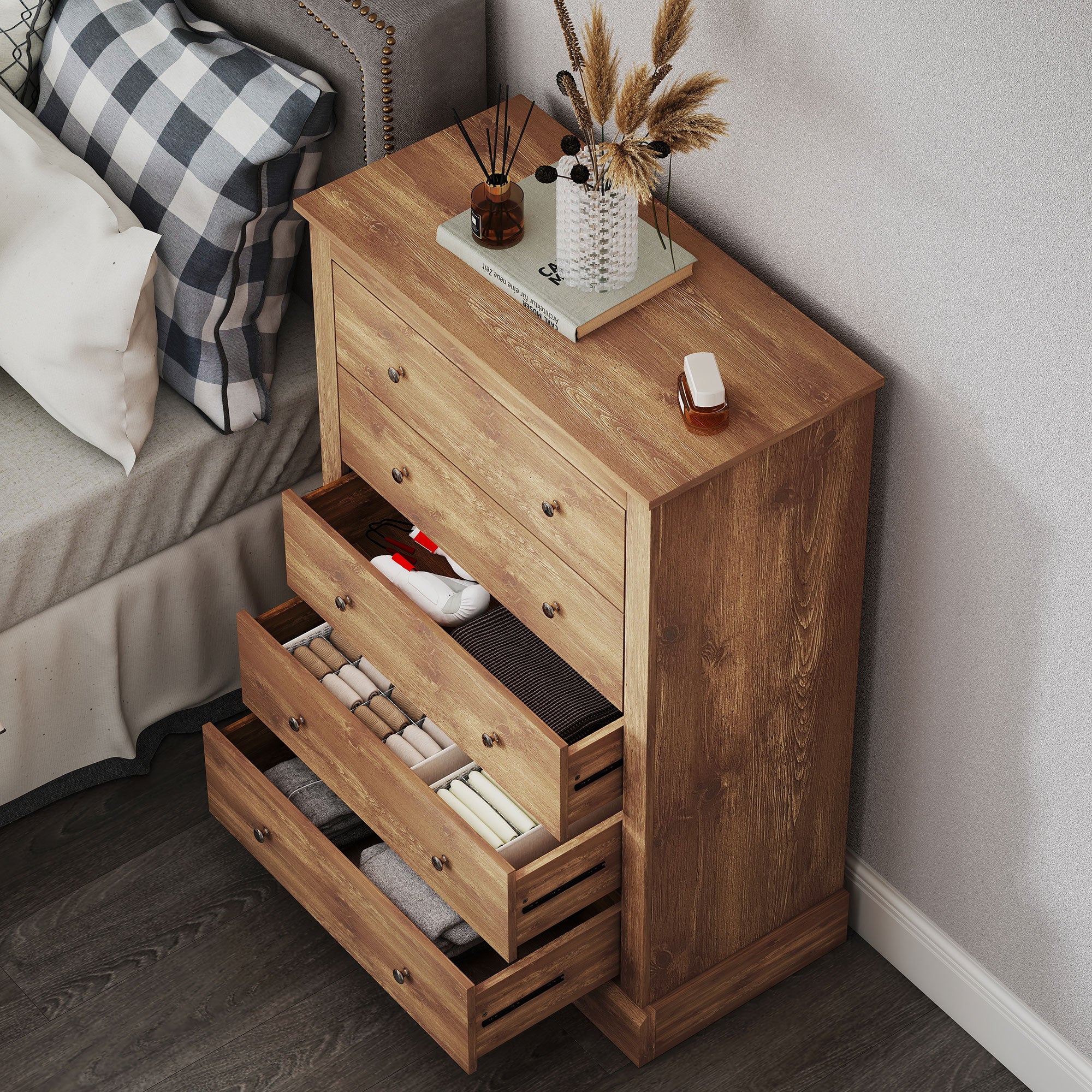 31" Wide Farmhouse Chest of Drawers with 5 Drawers, Dresser for Bedroom with Wood Top for Living Room, Brown
