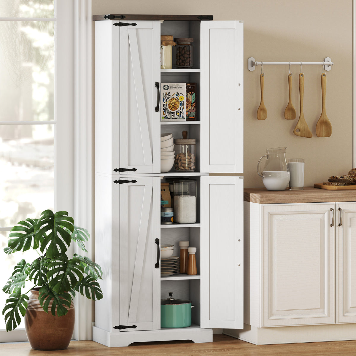 72" Tall Pantry Cabinet, Farmhouse Freestanding Kitchen Storage Cabinet with Adjustable Shelves for Dining Room, White