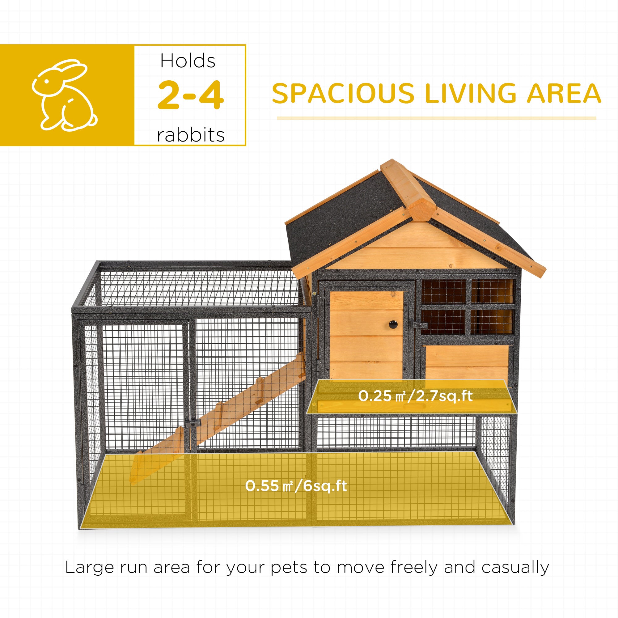 Outdoor Rabbit Cage Elevated Pet House w/ Slide-Out Tray, Natural Wood & Black - Light Yellow - Image 4