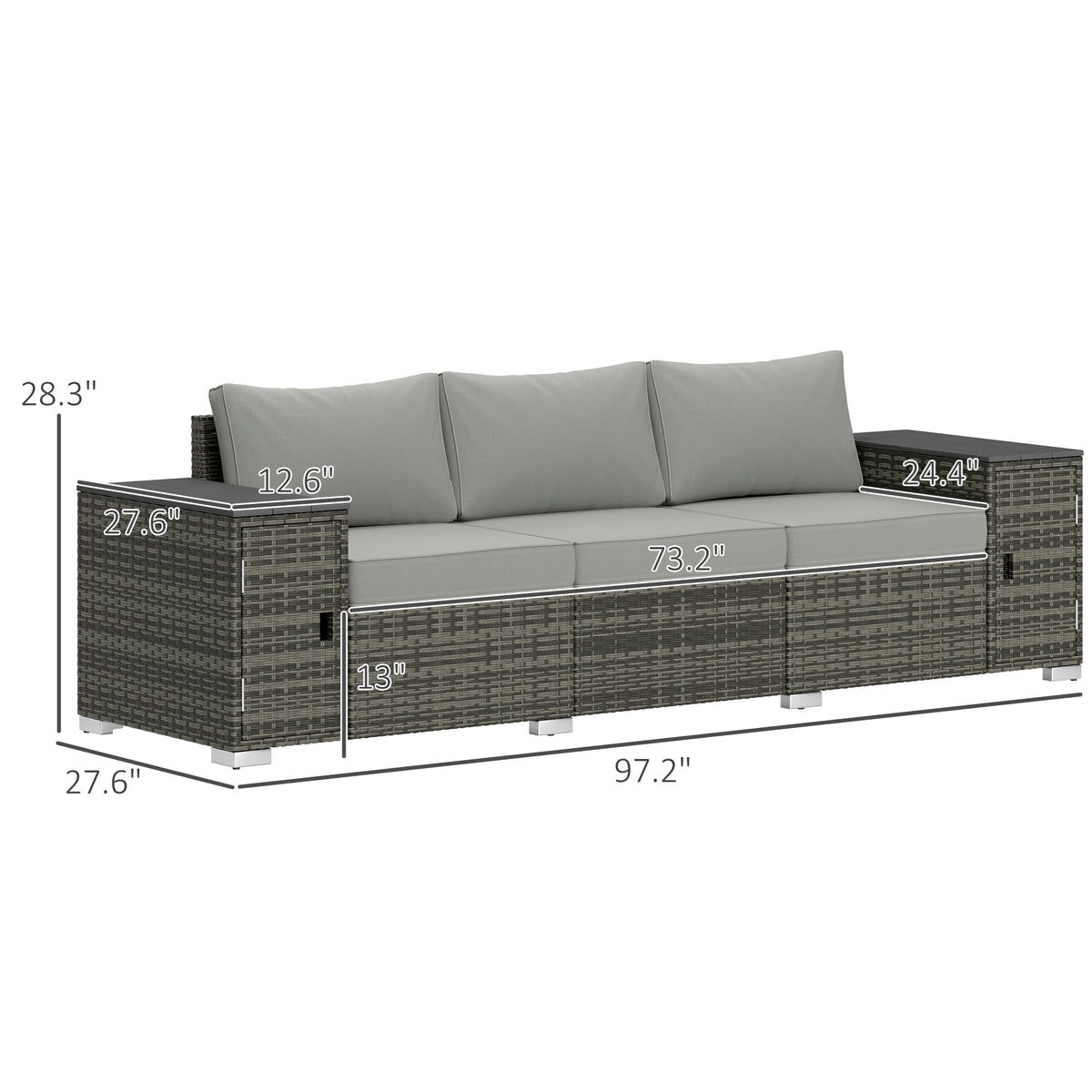3 Seater Wicker Outdoor Couch Patio Sofa with Storage, Thickened Cushions and Wide Armrests for Porch Yard, Gray