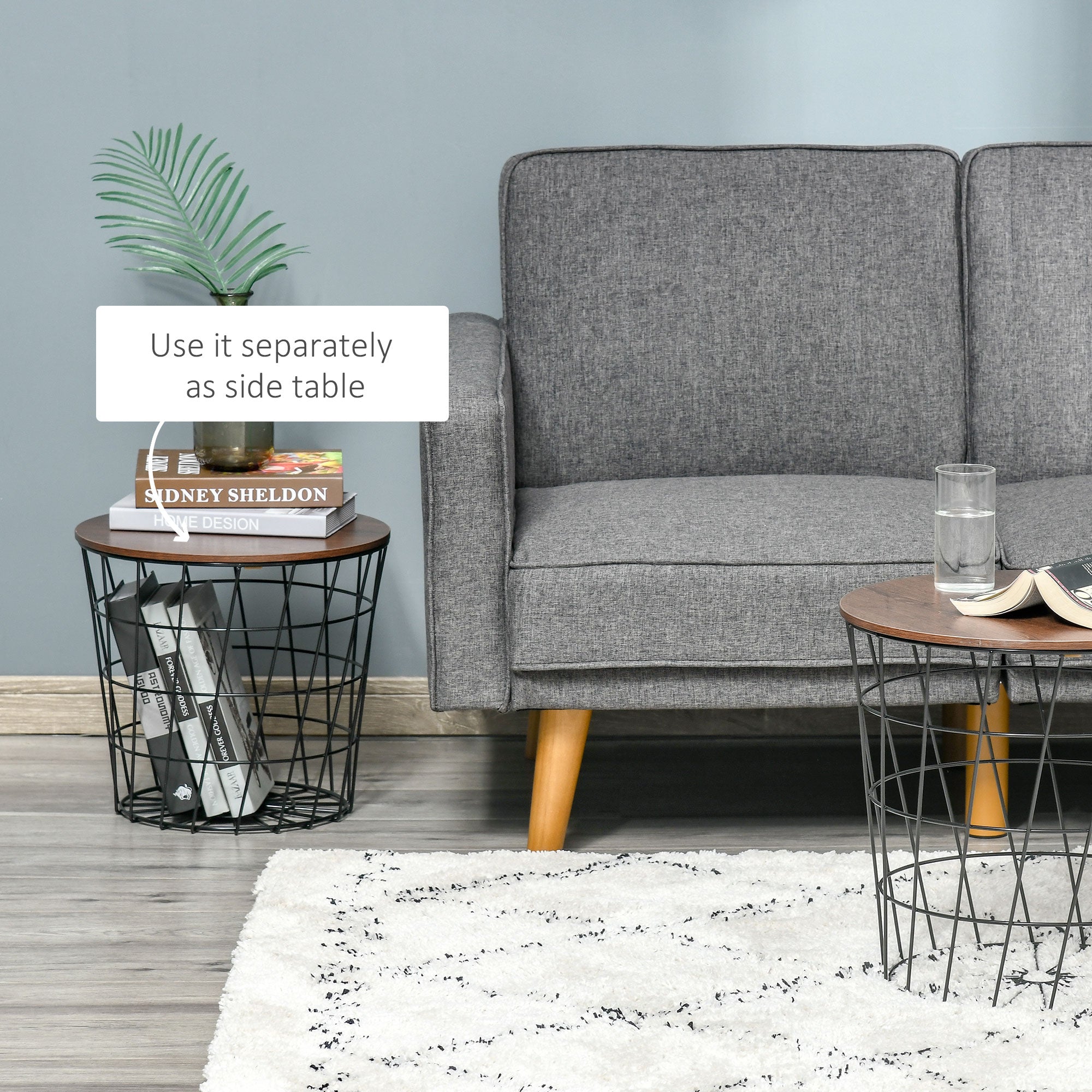 End Tables Set of 2, Nesting Tables with Storage, Round Accent Side Tables with Removable Top for Living Room, Black/ Brown