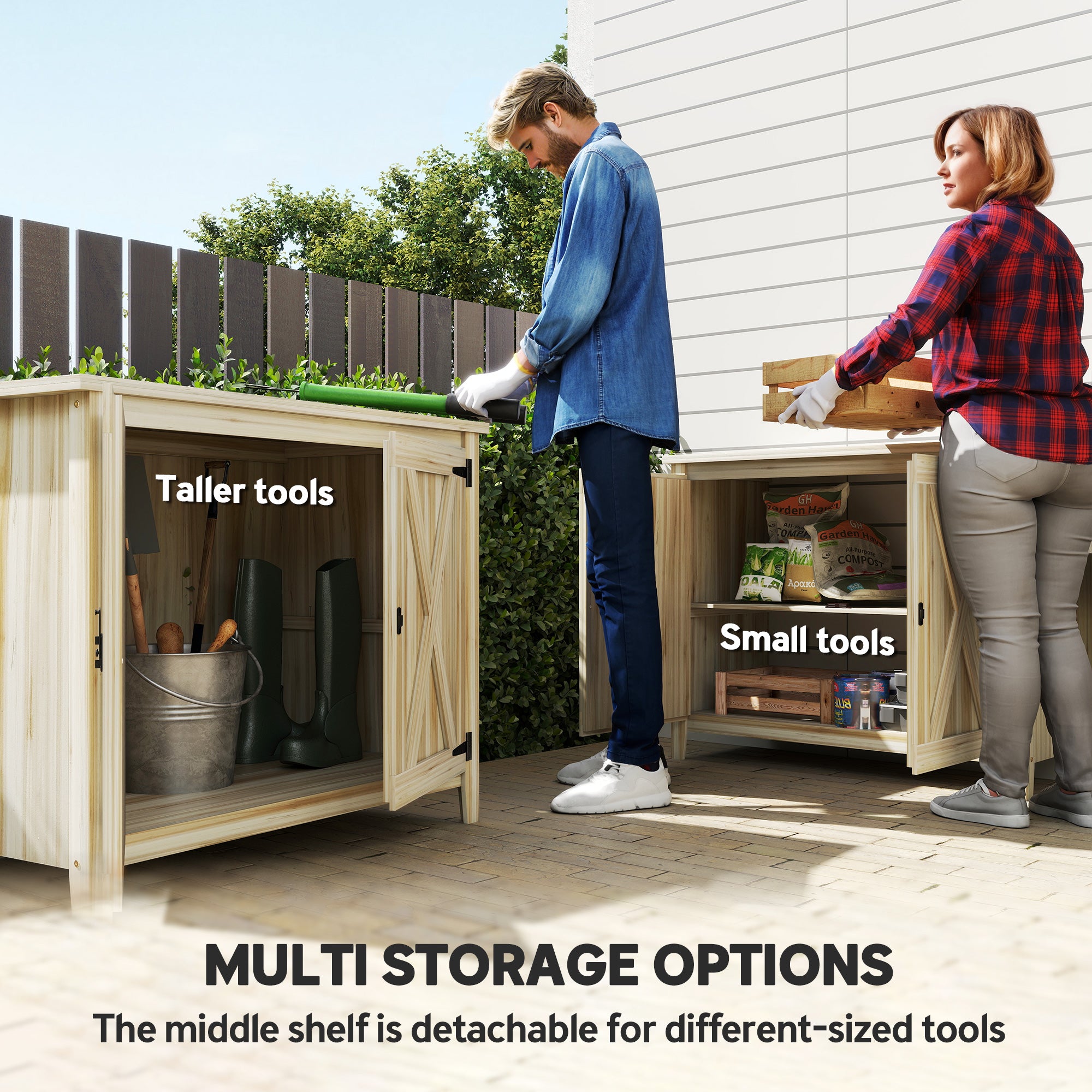 Wooden Outdoor Storage Cabinet, Garden Shed Potting Shed with Shelf and Double Doors, Natural Wood - Natural Wood - Image 4