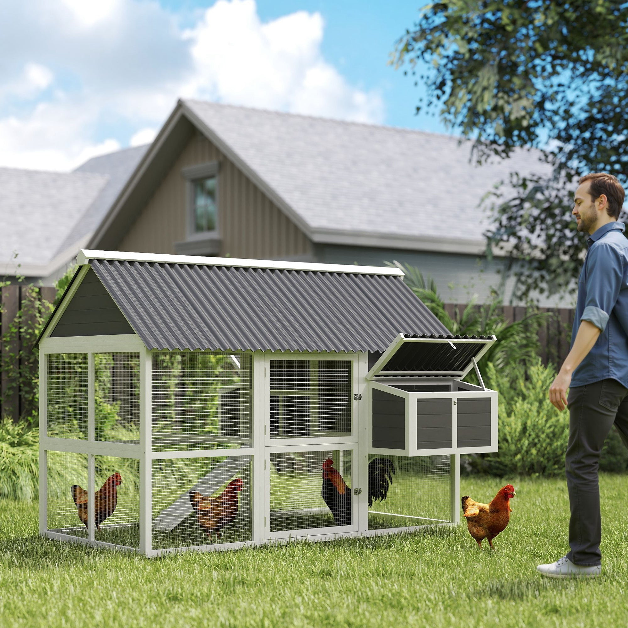 Wooden Chicken Coop with Run, 2 Nesting Boxes, 2 Roosting Bars, Ramp & Tray, Poultry Cage for 6-8 Chickens, Gray - Gray - Image 2