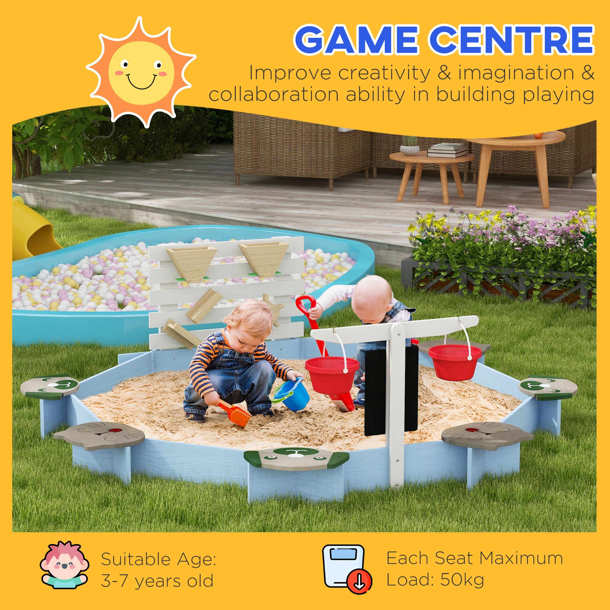 Wooden Sandbox for 3-7 Years, 85" x 85" x 25", Blue