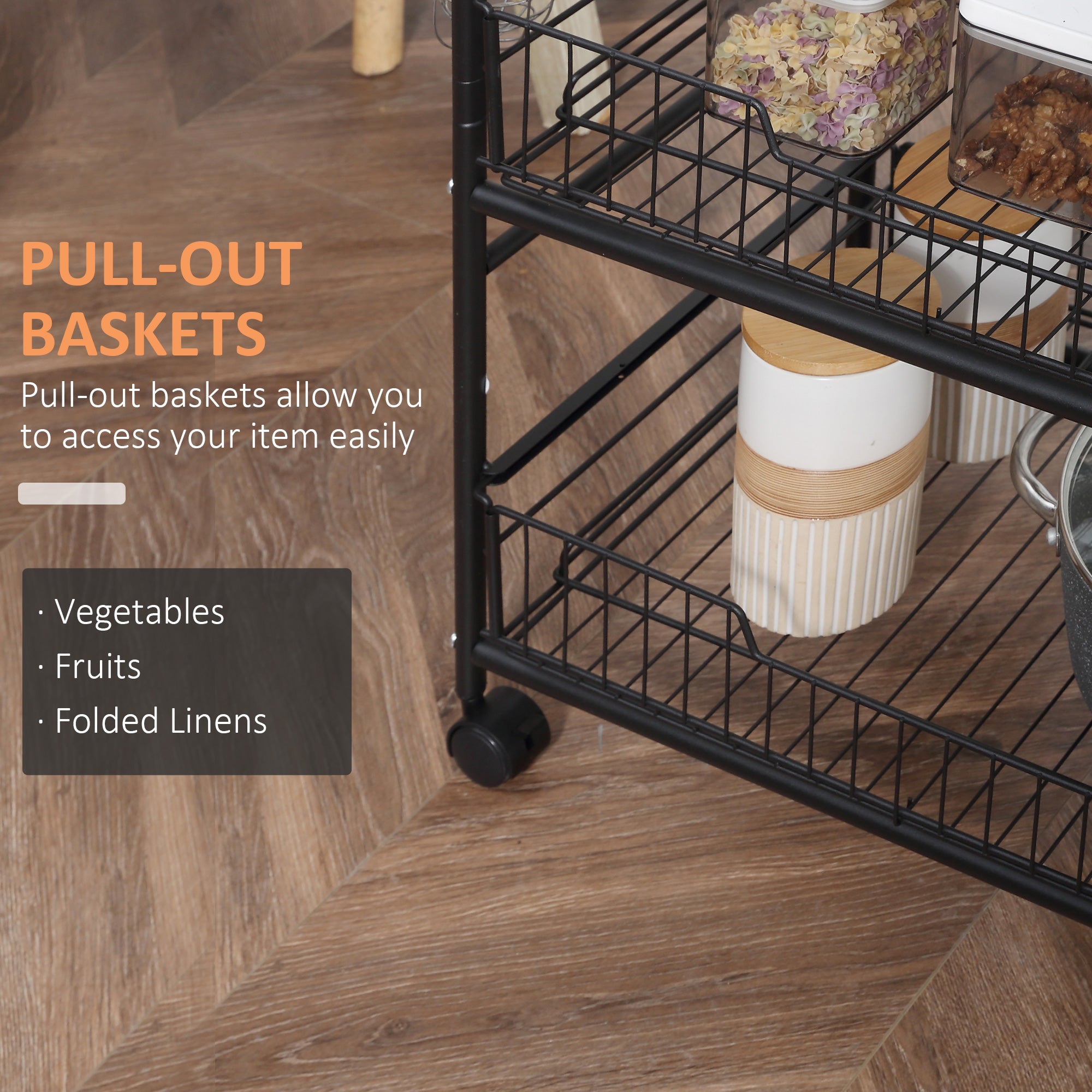 3 Tier Rolling Kitchen Cart with Storage, Kitchen Island Cart on Wheels with 2 Sliding Fruit Basket, Microwave Cart with Side Hooks for Dining Room, Walnut