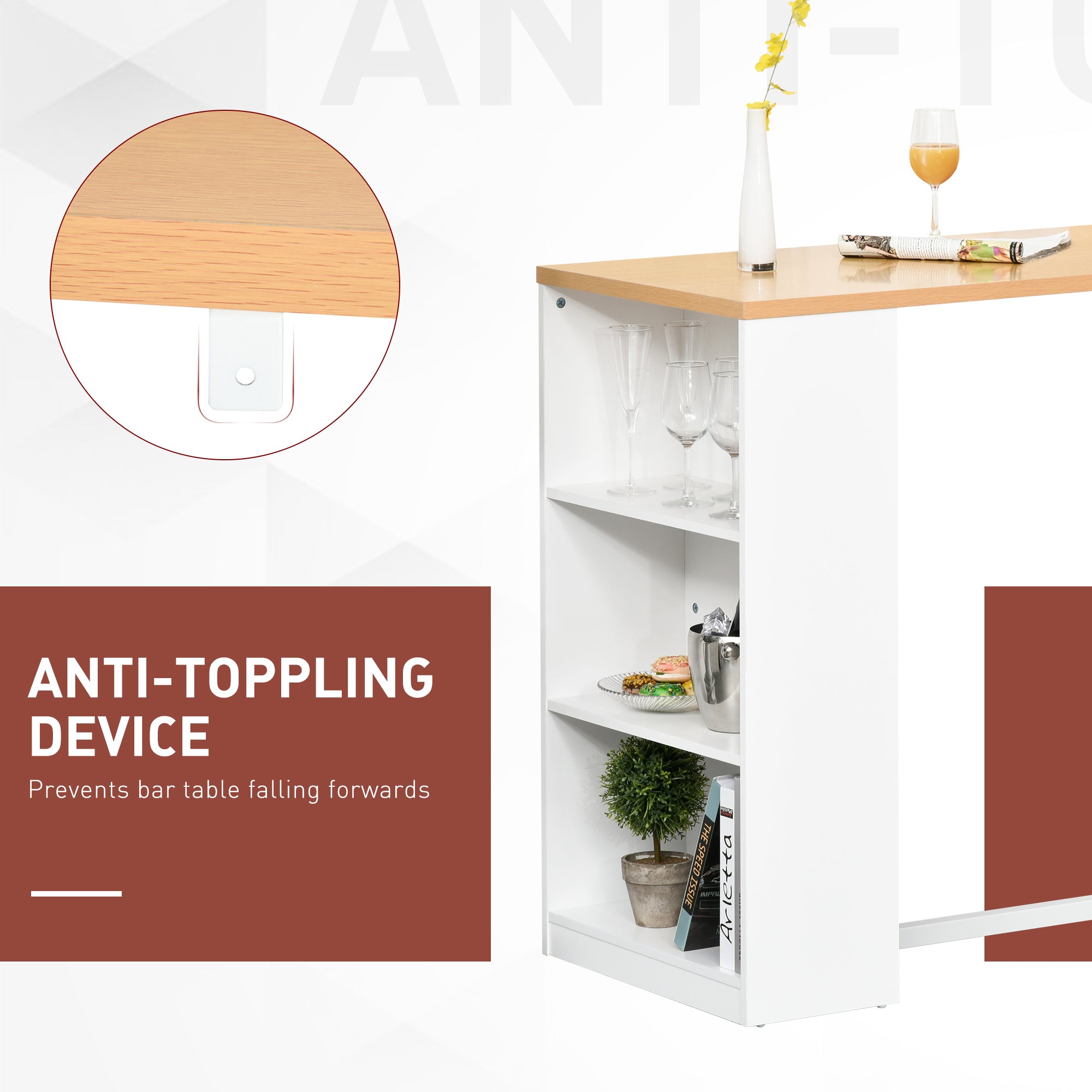 Modern Bar Table Counter Height Dining Table with 3 Storage Shelves for Kitchen, Dining Room, Living Room, White