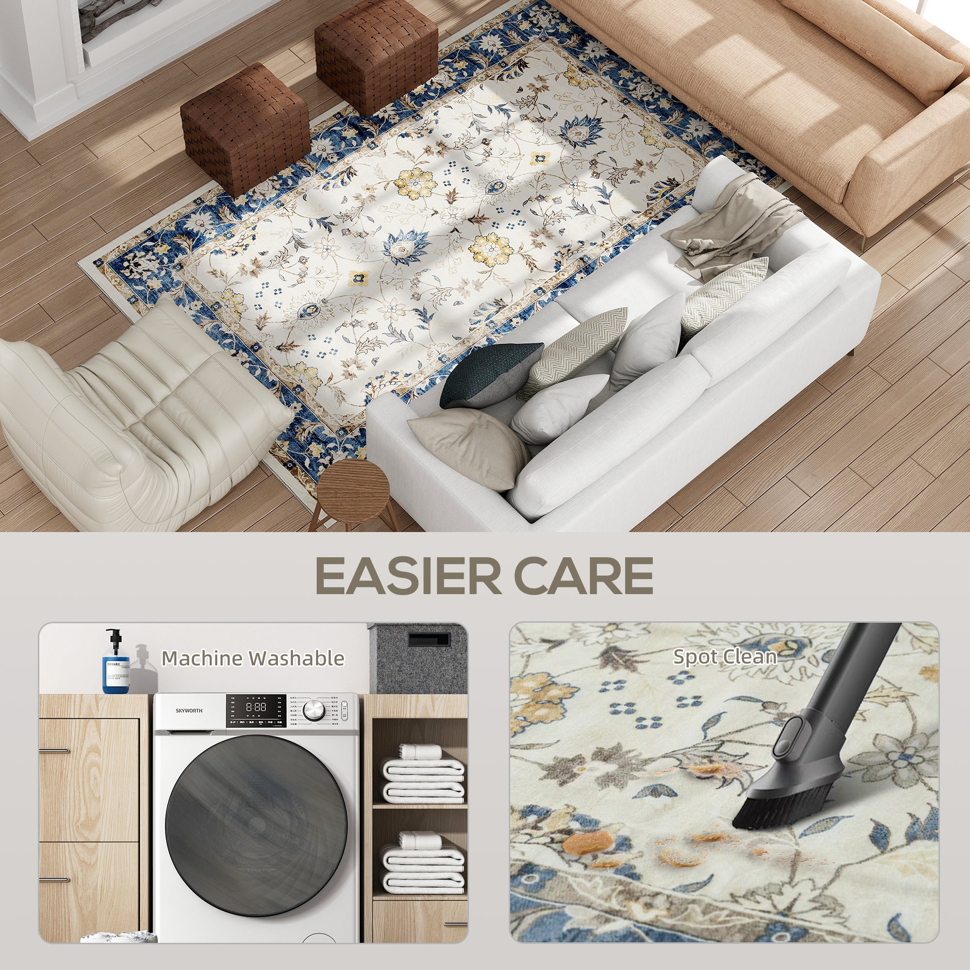 Machine Washable Area Rug 5x7, Non-Slip Boho Floral Print Floor Carpet for Living Room, Bedroom, Dining Room, Blue
