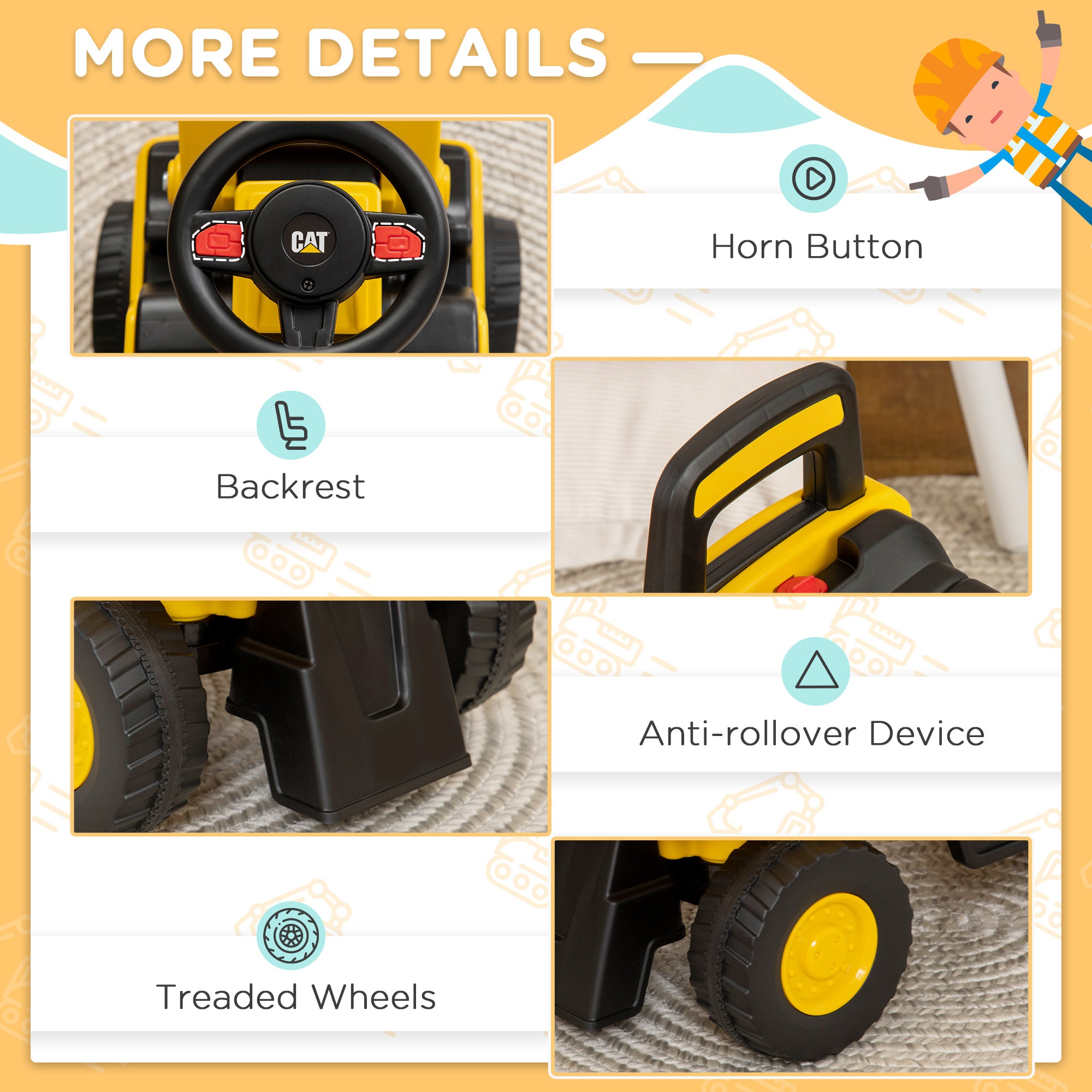 Caterpillar CAT Licensed Kids Ride on Excavator No Power Construction Vehicles with Manual Shovel, Horn, Hidden Storage
